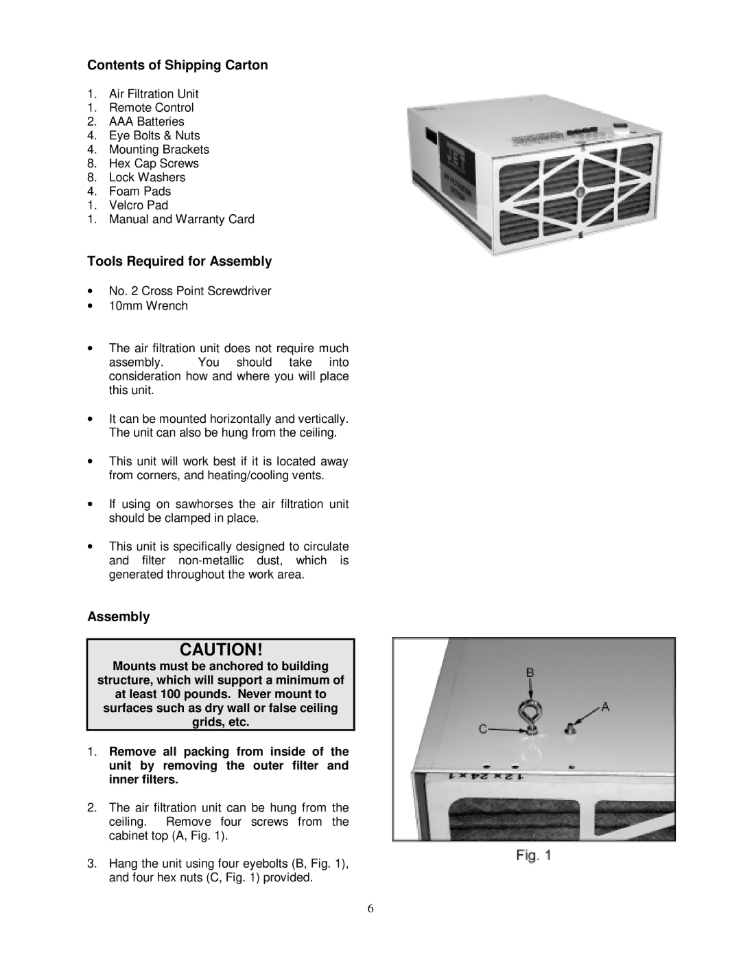 Jet Tools M-708620, AFS-1000B owner manual Contents of Shipping Carton, Tools Required for Assembly 