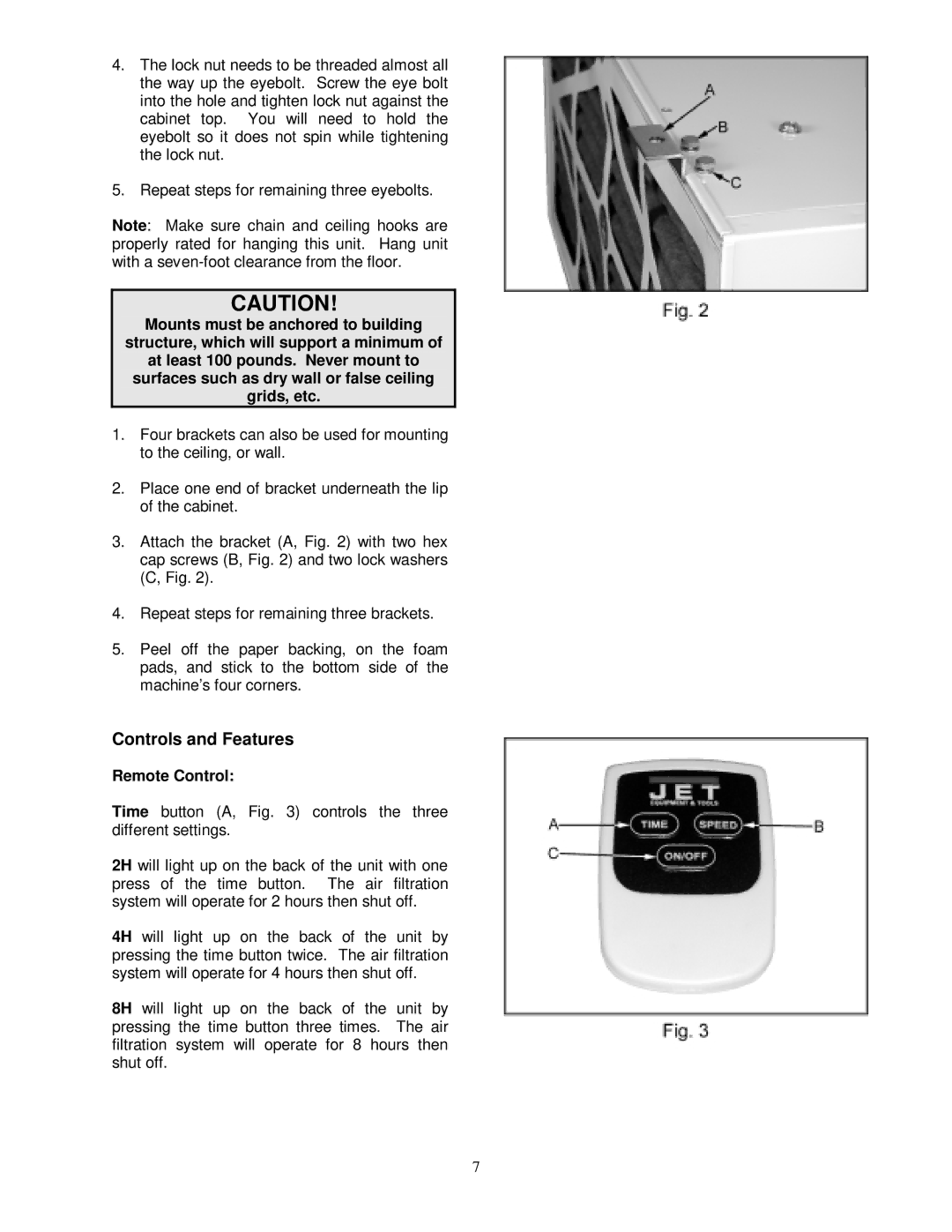 Jet Tools AFS-1000B, M-708620 owner manual Controls and Features, Remote Control 