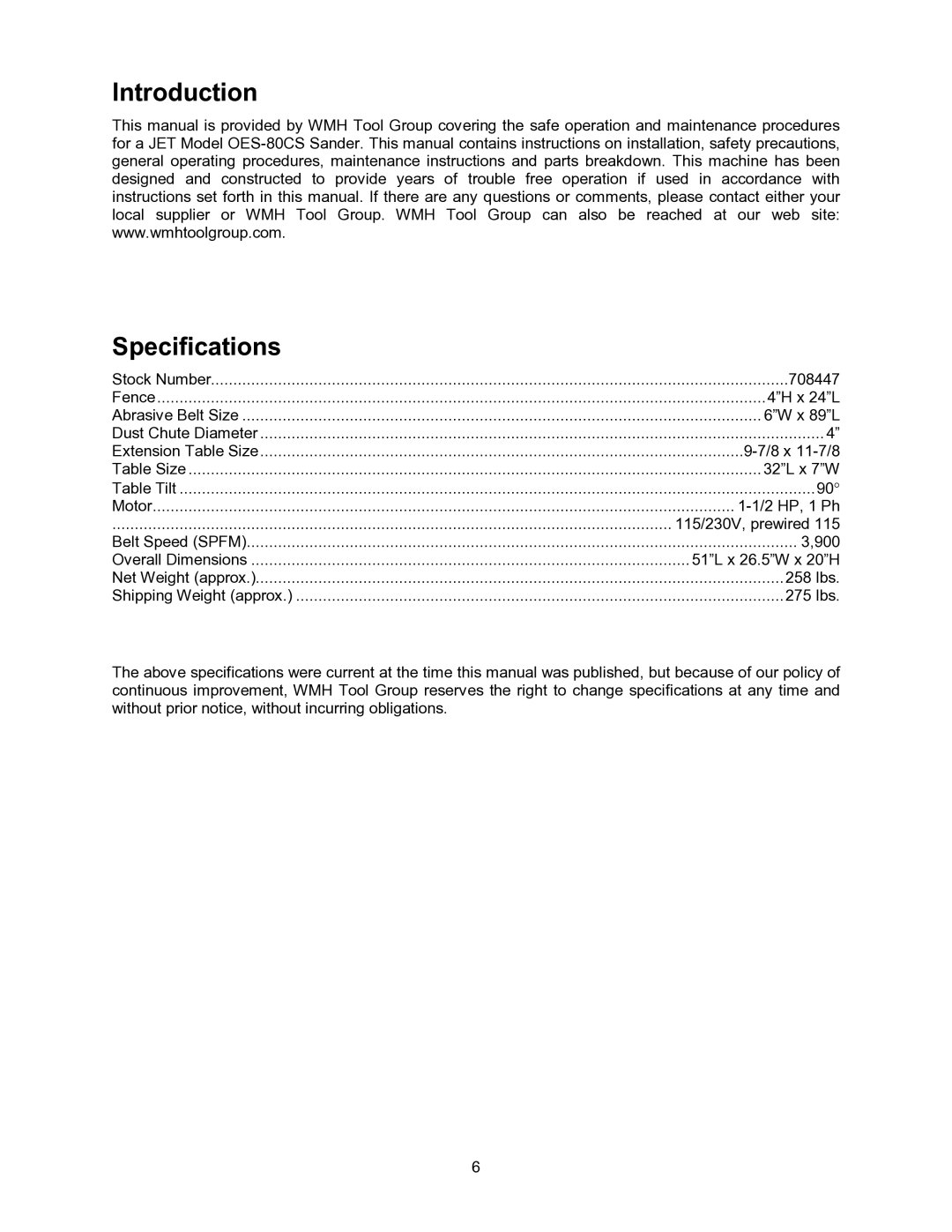 Jet Tools OES-80CS operating instructions Introduction Specifications 