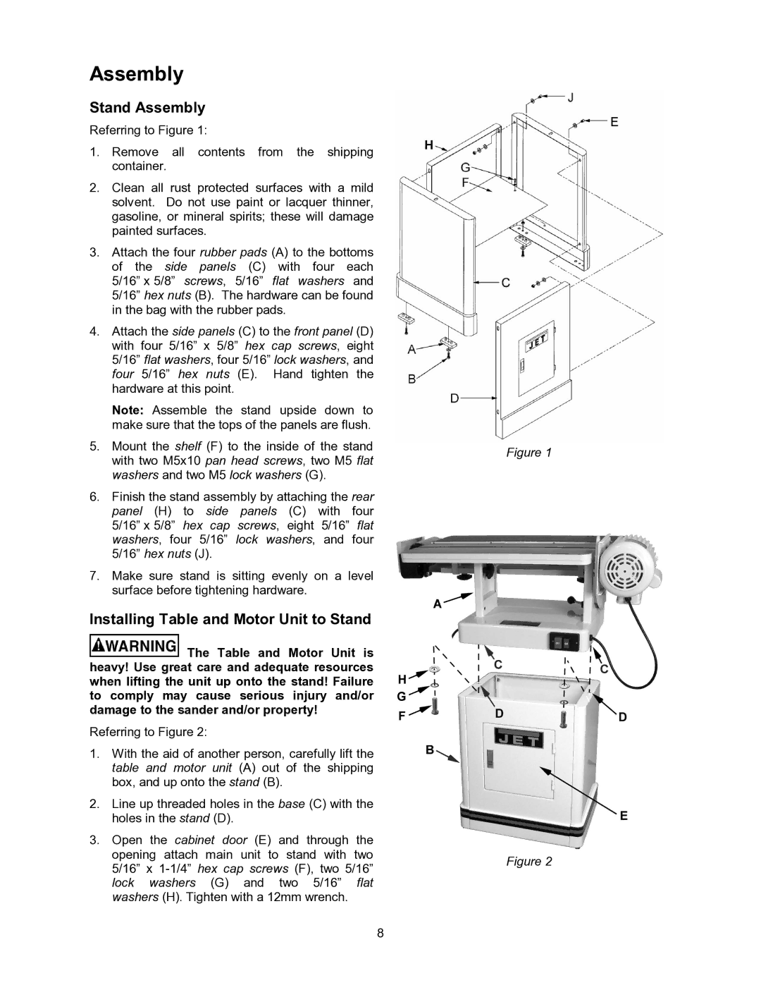 Jet Tools OES-80CS operating instructions Stand Assembly, Installing Table and Motor Unit to Stand 