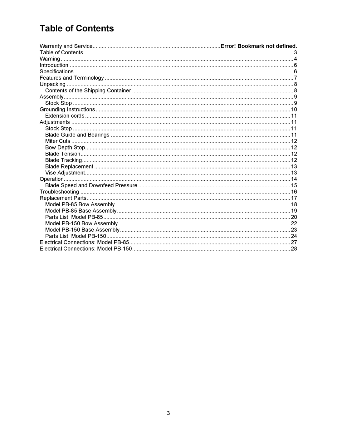 Jet Tools PB-150, PB-85 operating instructions Table of Contents 