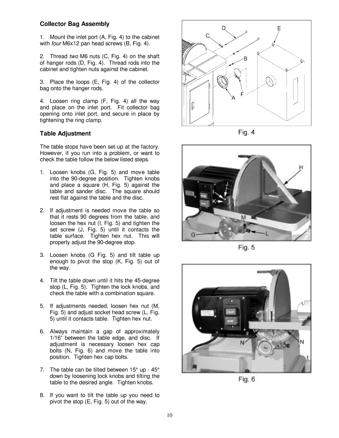 Jet Tools PDS-12CS owner manual Collector Bag Assembly, Table Adjustment 