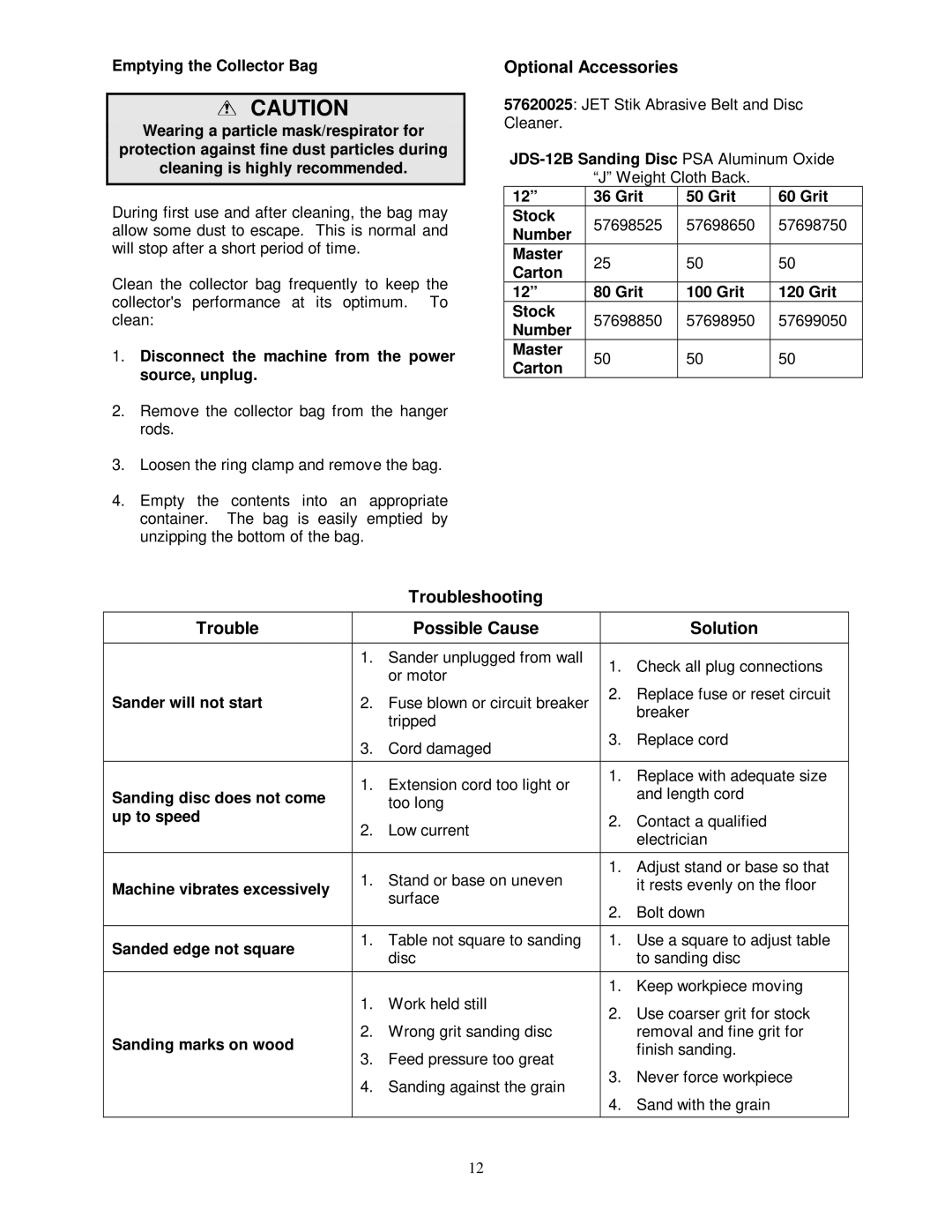 Jet Tools PDS-12CS owner manual Optional Accessories, Troubleshooting Possible Cause Solution 