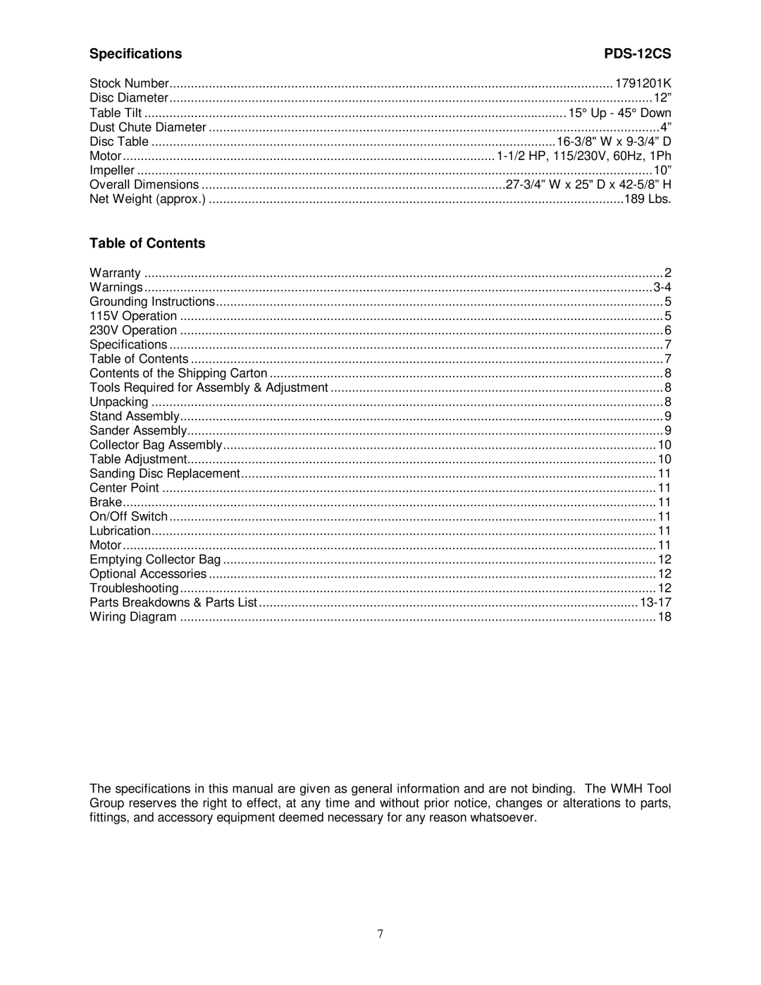 Jet Tools PDS-12CS owner manual Specifications, Table of Contents 