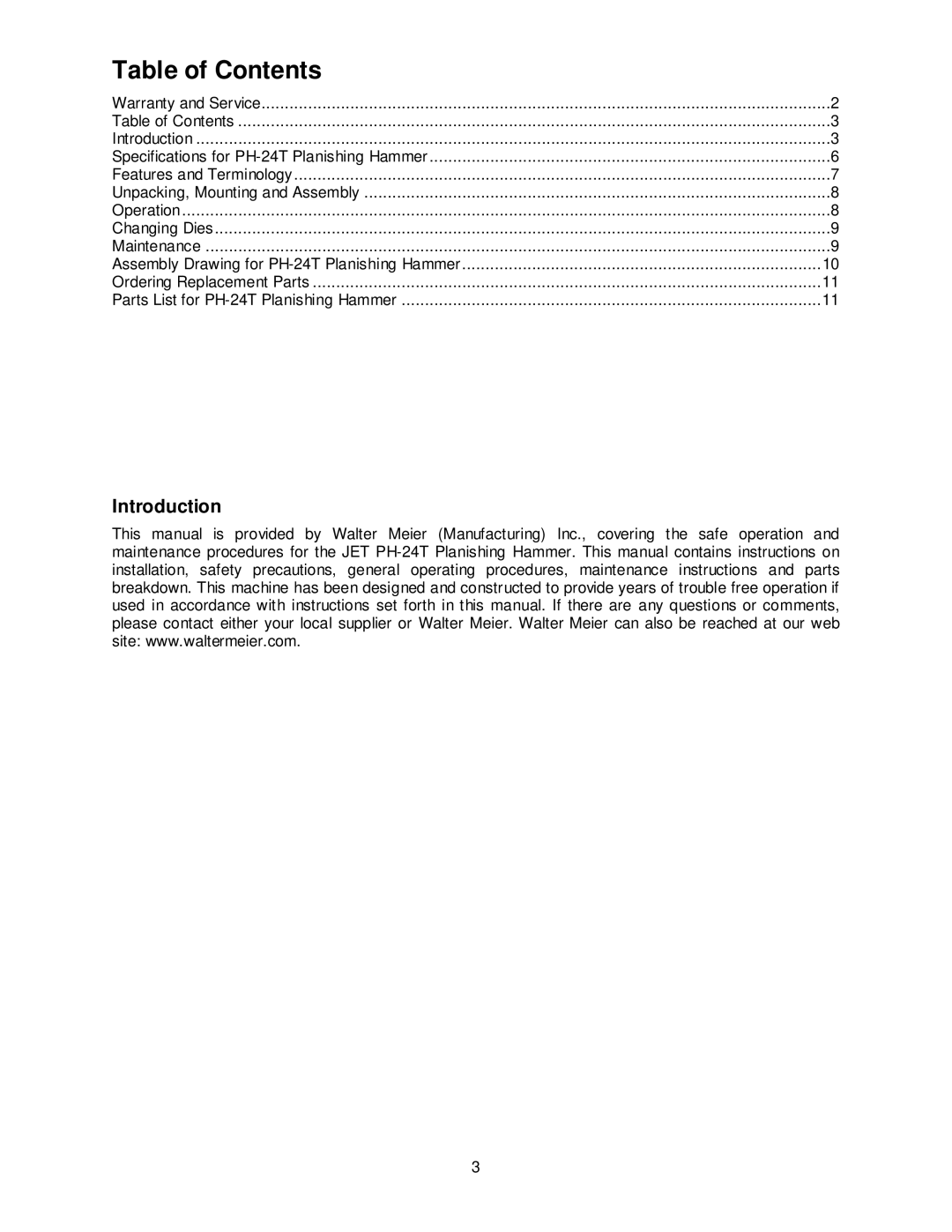 Jet Tools PH-24T operating instructions Table of Contents 