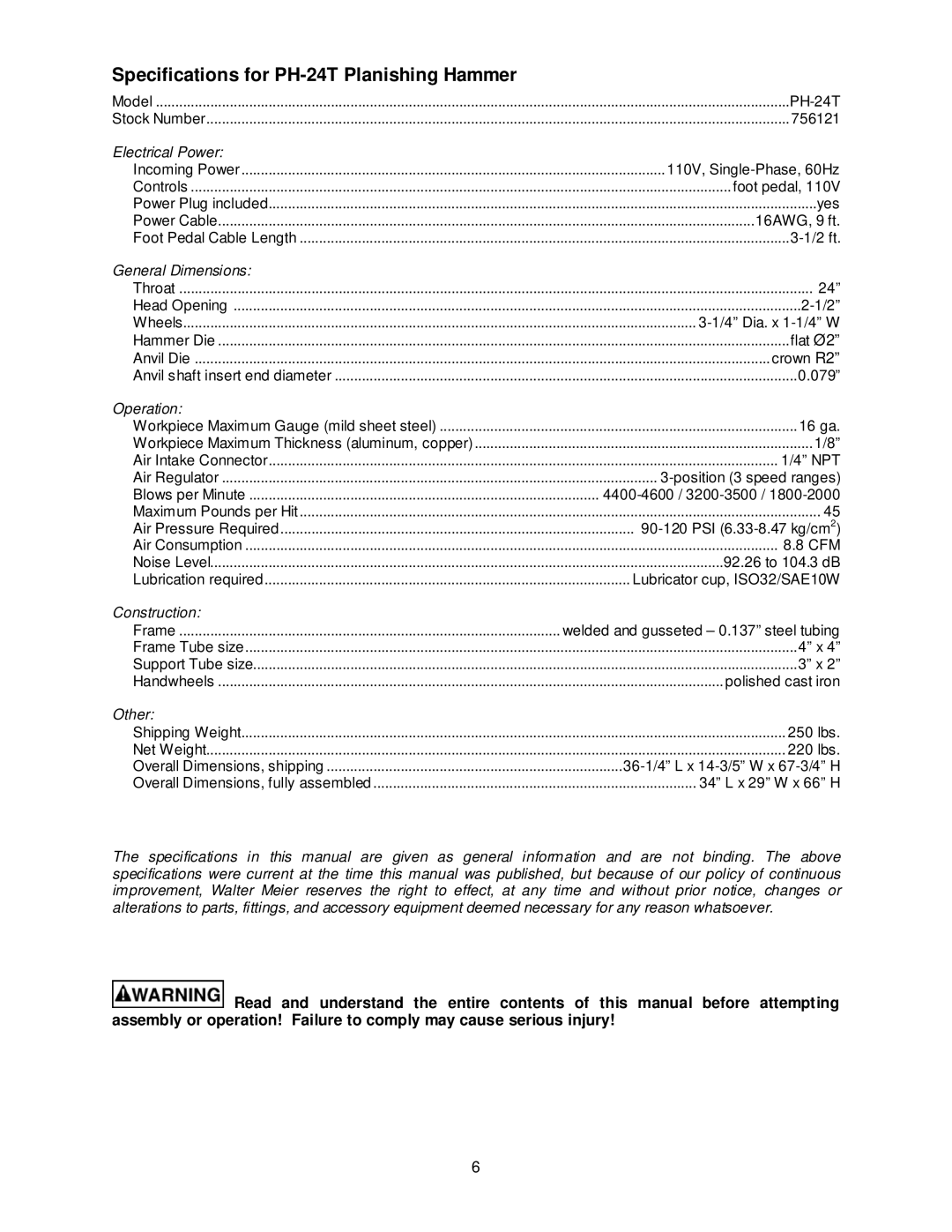 Jet Tools operating instructions Specifications for PH-24T Planishing Hammer, Electrical Power 