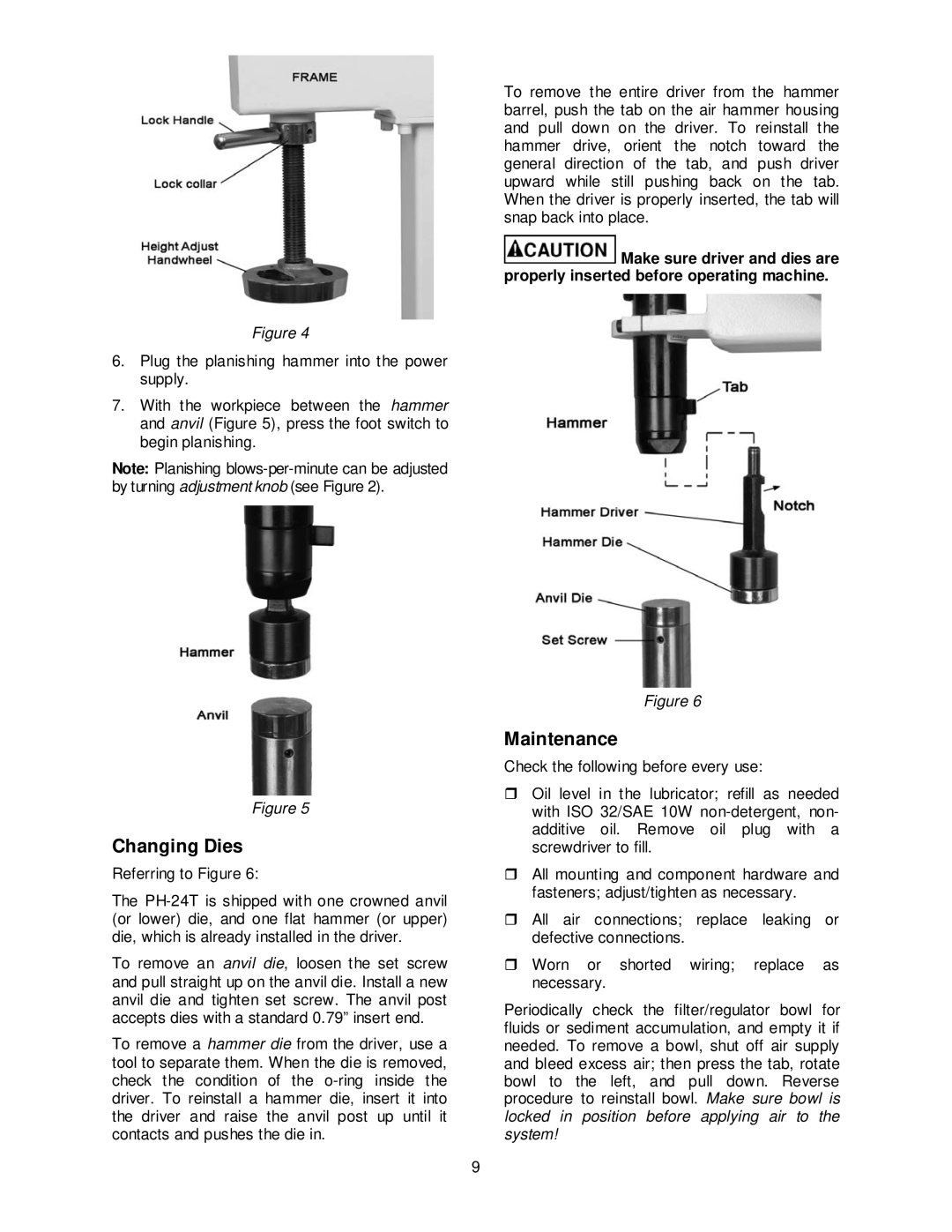 Jet Tools PH-24T operating instructions Changing Dies, Maintenance 