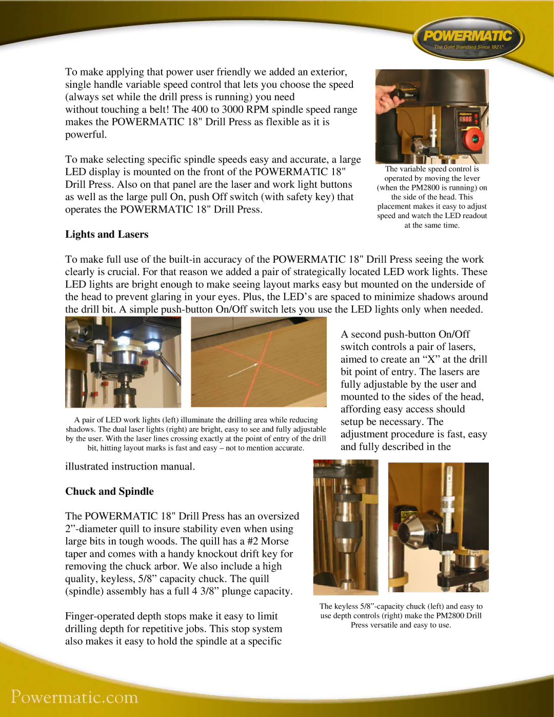 Jet Tools PM2800 dimensions Lights and Lasers, Chuck and Spindle 