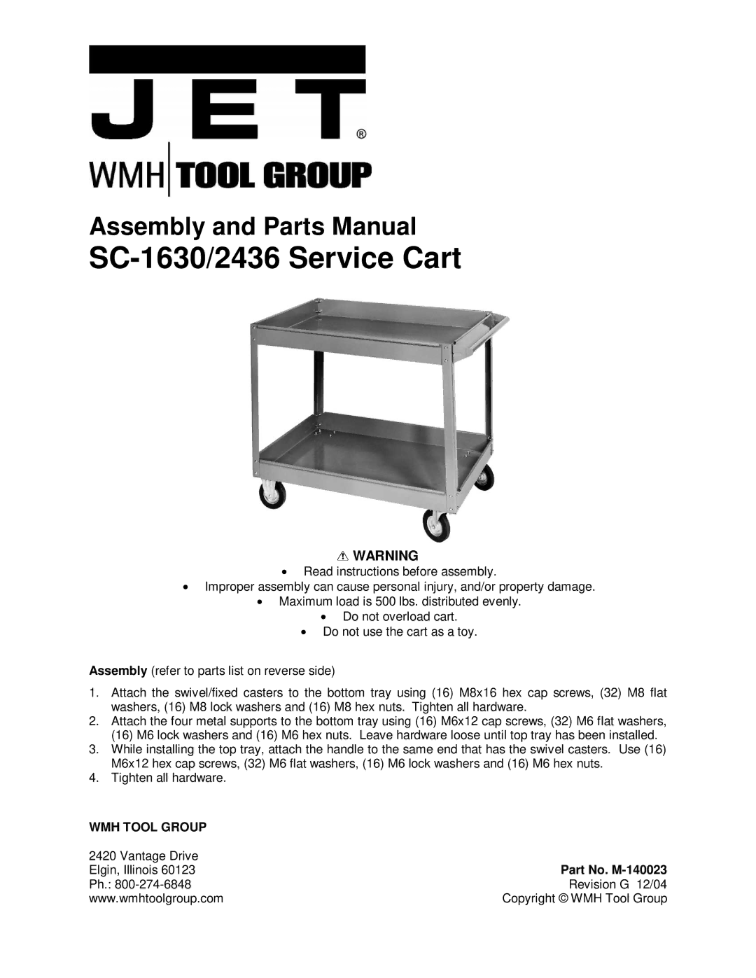 Jet Tools SC-1630, SC-2436 manual SC-1630/2436 Service Cart, Part No. M-140023 