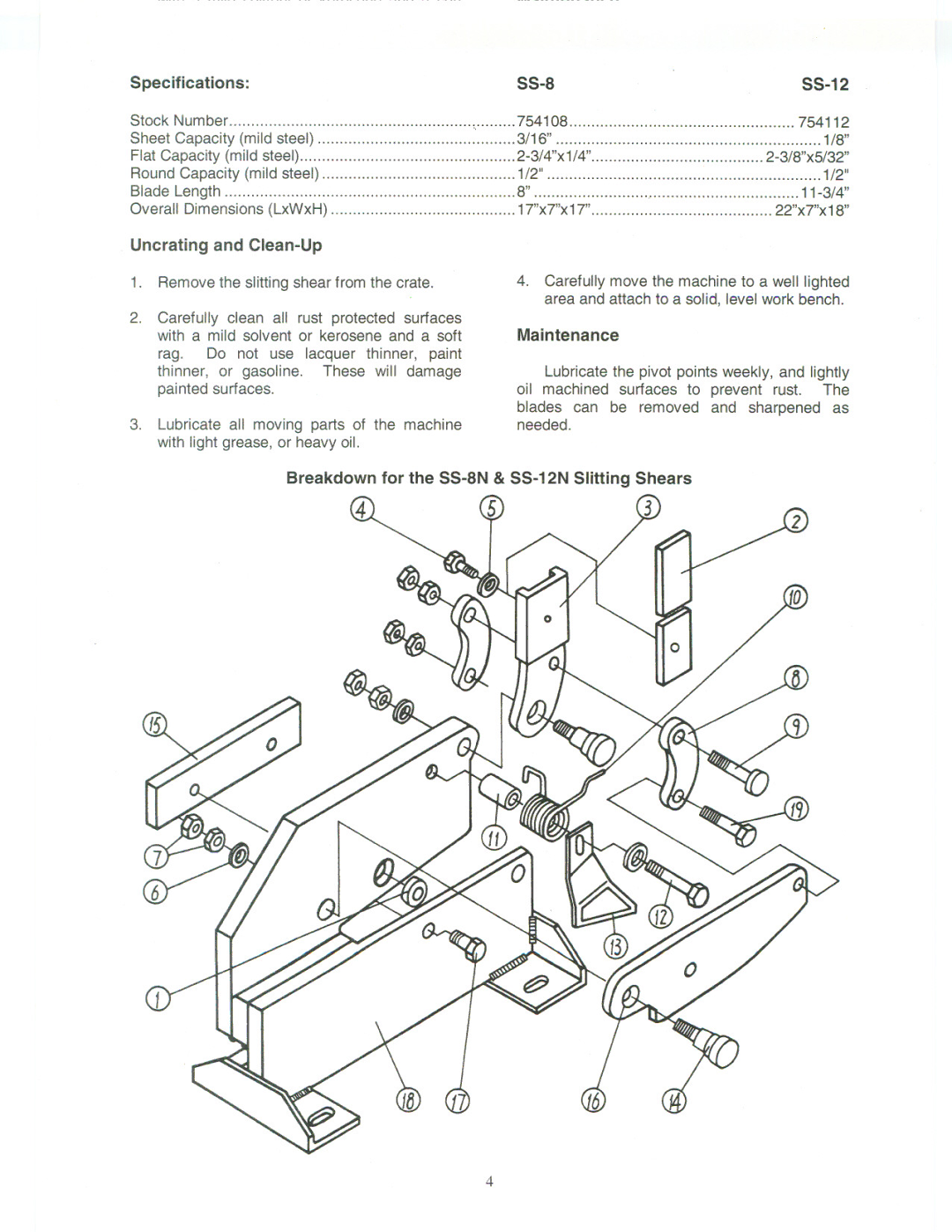 Jet Tools SS-8N, SS-12N manual BladeLength 