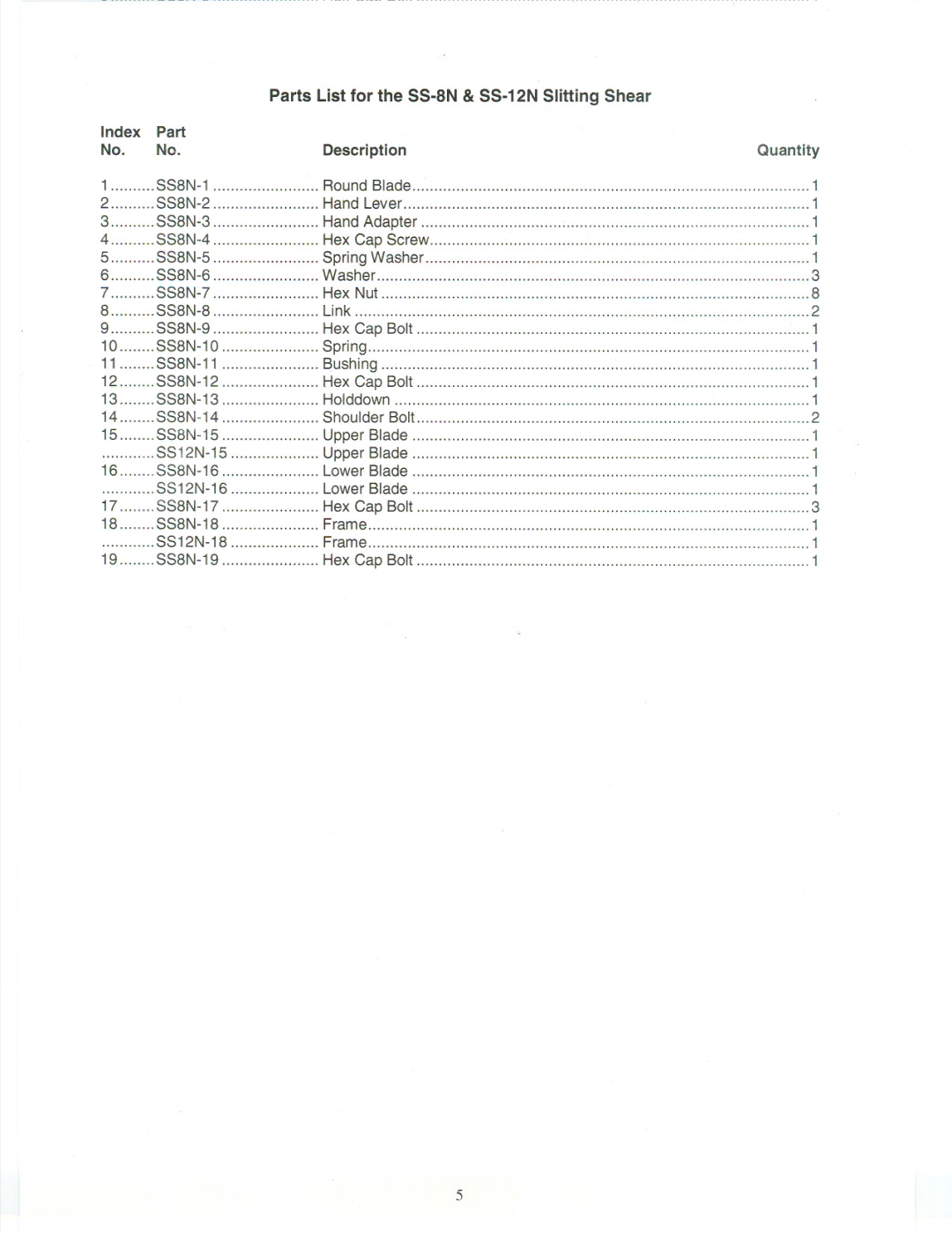 Jet Tools manual Parts List for the SS-8N & SS-12N Slitting Shear Index, Quantity 