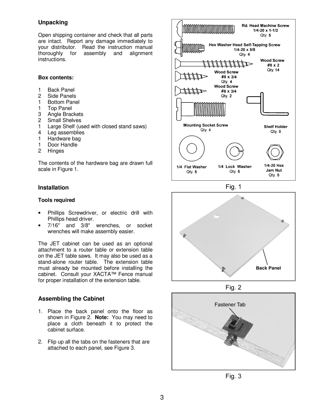 Jet Tools Table Saw owner manual Unpacking, Installation, Assembling the Cabinet, Box contents, Tools required 