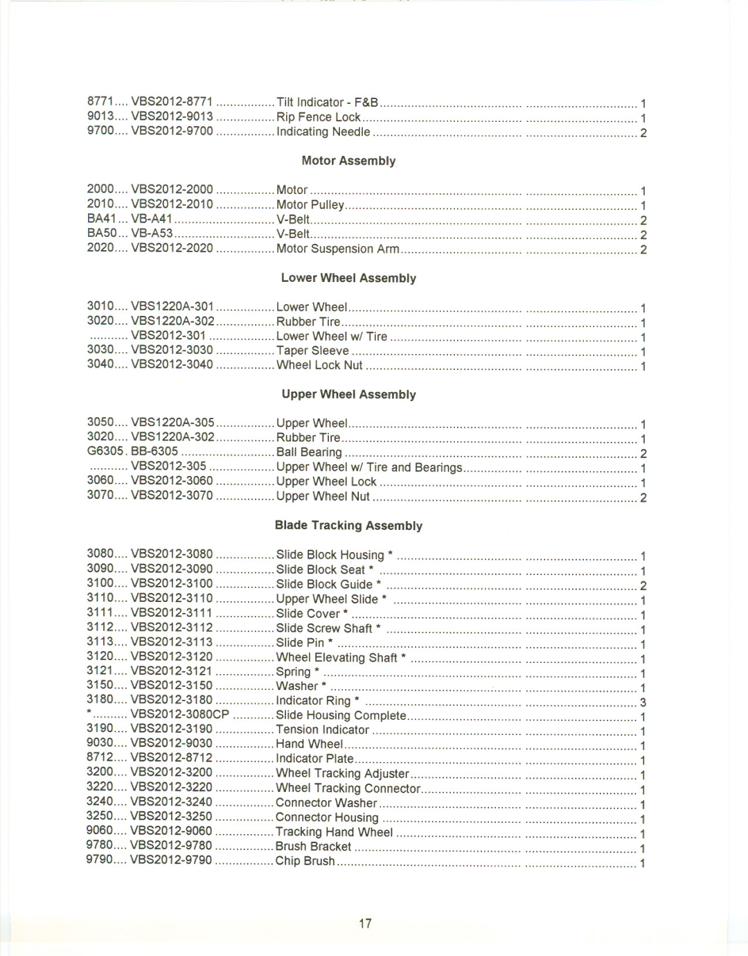 Jet Tools VBS-2012 manual Motor Assembly, Blade Tracking Assembly 