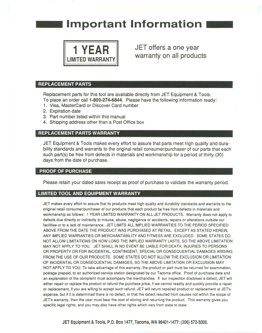 Jet Tools VBS-2012 manual Il11portant Inforl11ation 