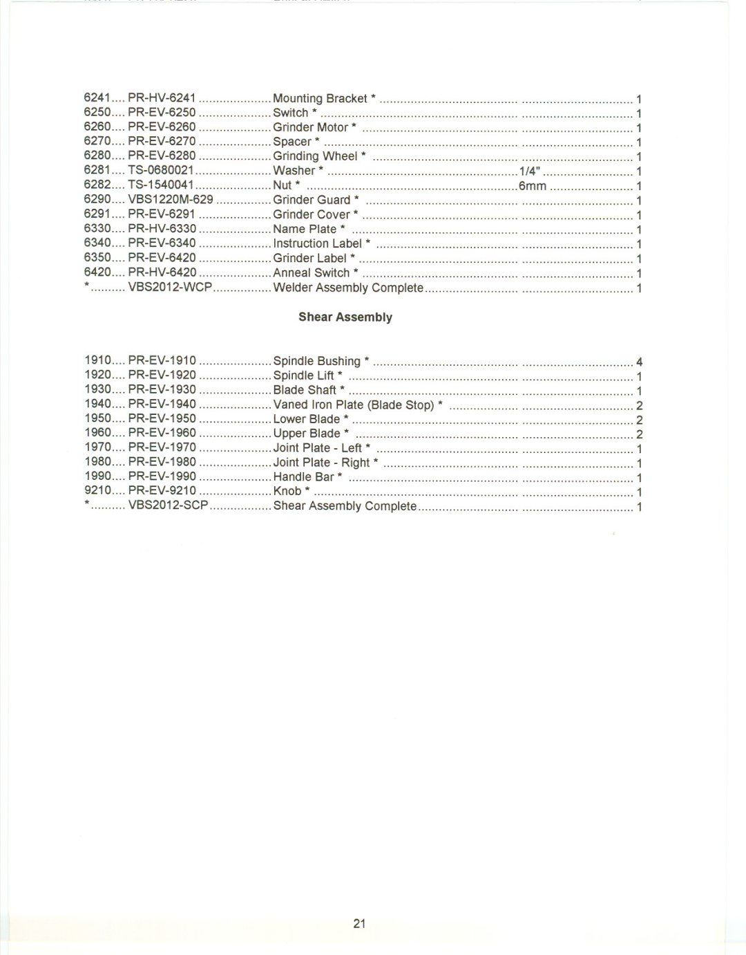 Jet Tools VBS-2012 manual PR-HV-6241, Shear Assembly 