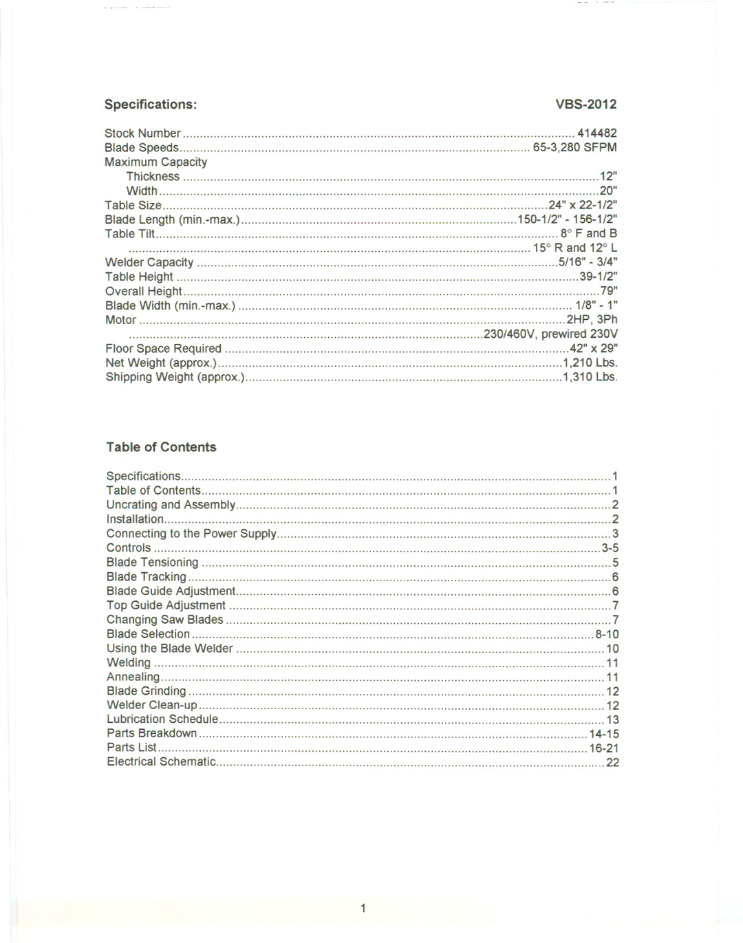 Jet Tools VBS-2012 manual 15Rand 12L, Table of Contents 