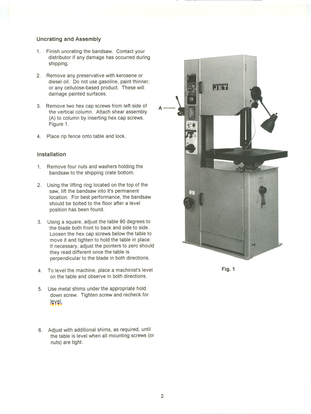 Jet Tools VBS-2012 manual Uncrating and Assembly, Installation 