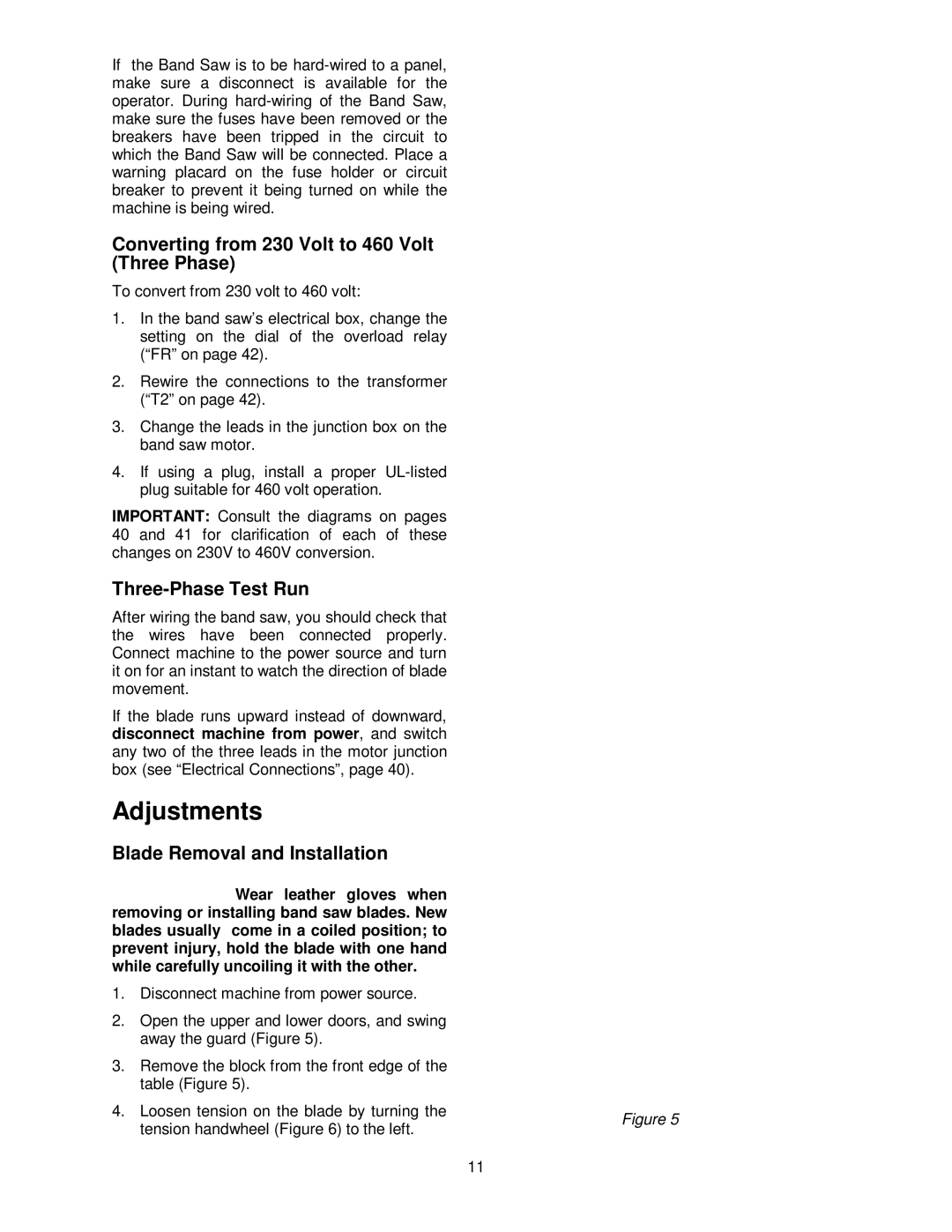 Jet Tools VBS-3612 Adjustments, Converting from 230 Volt to 460 Volt Three Phase, Three-Phase Test Run 