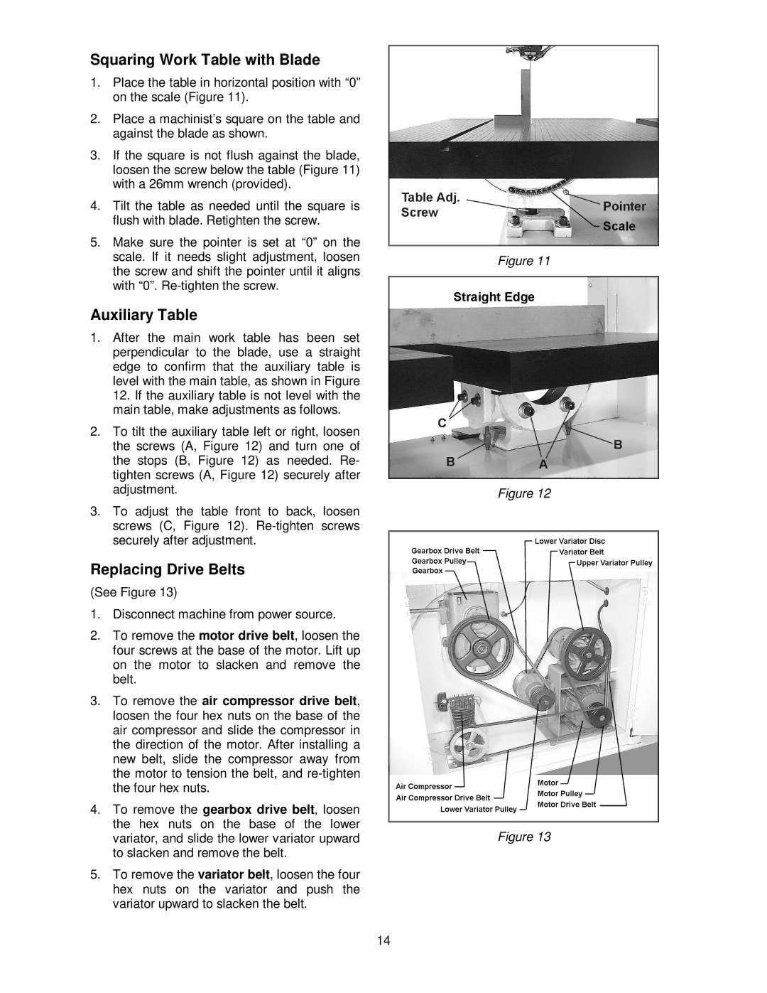 Jet Tools VBS-3612 operating instructions Squaring Work Table with Blade, Auxiliary Table, Replacing Drive Belts 