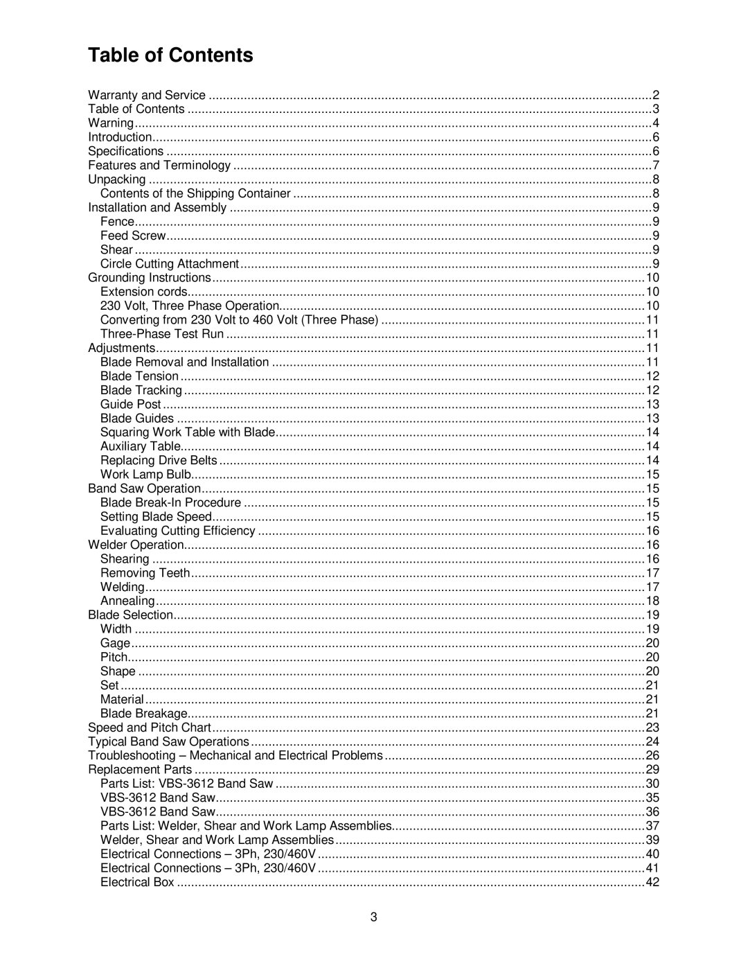 Jet Tools VBS-3612 operating instructions Table of Contents 