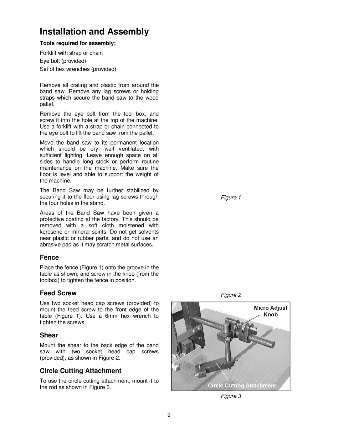 Jet Tools VBS-3612 operating instructions Installation and Assembly, Fence, Feed Screw, Shear, Circle Cutting Attachment 