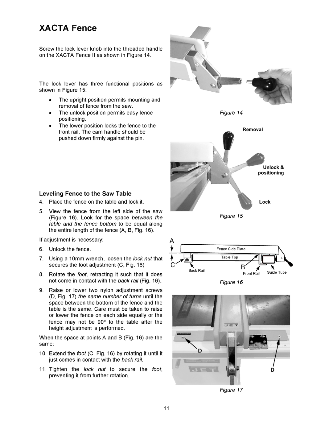 Jet Tools XACTA owner manual Xacta Fence, Leveling Fence to the Saw Table 