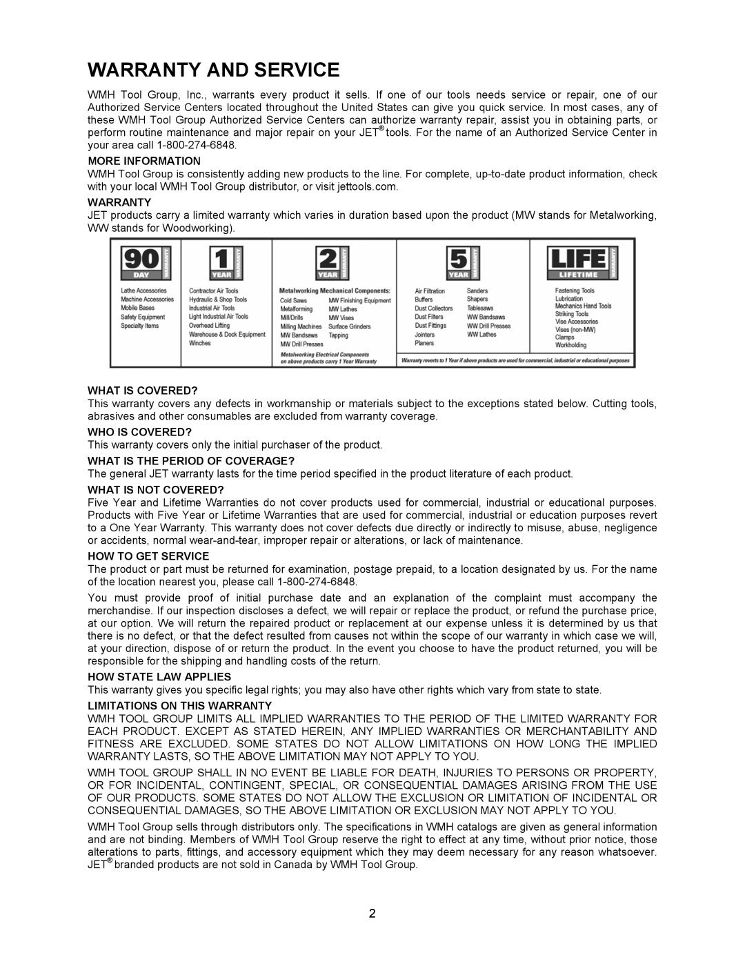 Jet Tools XACTA owner manual Warranty and Service 