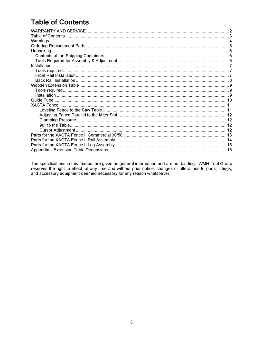 Jet Tools XACTA owner manual Table of Contents 