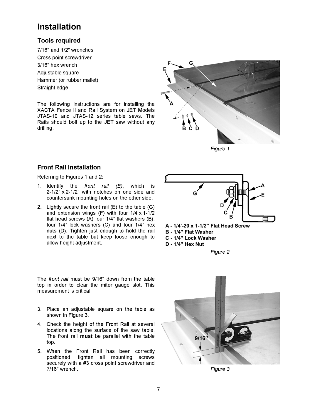 Jet Tools XACTA owner manual Installation, Tools required 