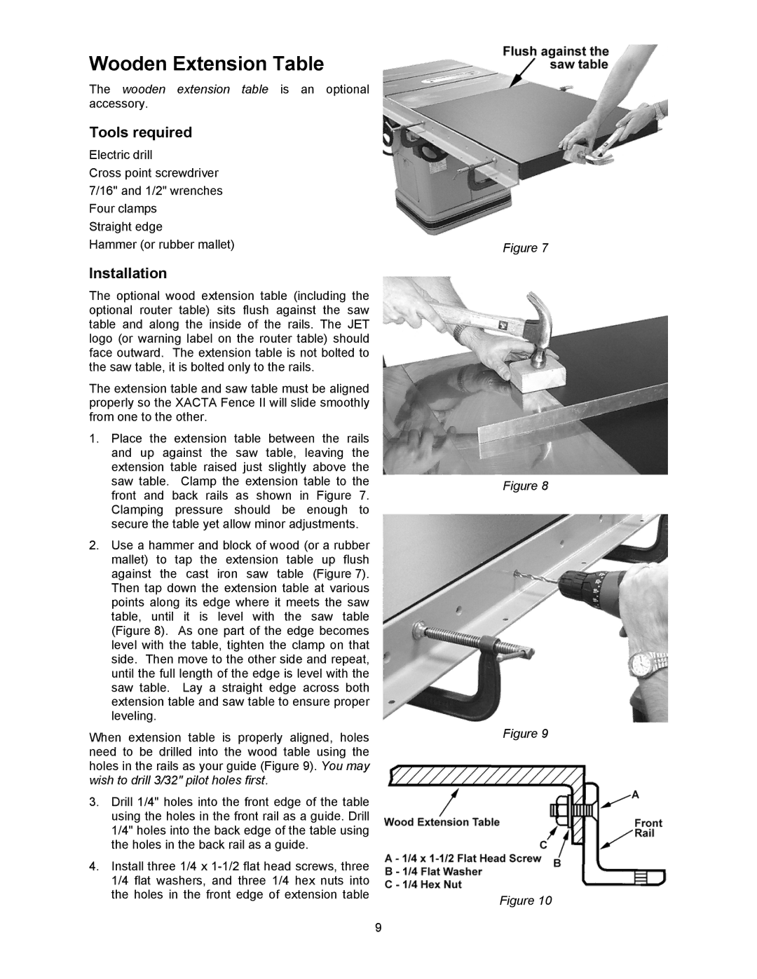 Jet Tools XACTA owner manual Wooden Extension Table, Installation 