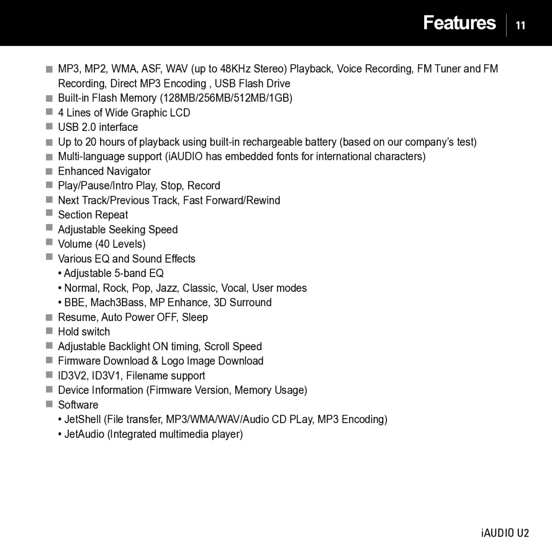 JetAudio iAUDIO U2 manual Features 