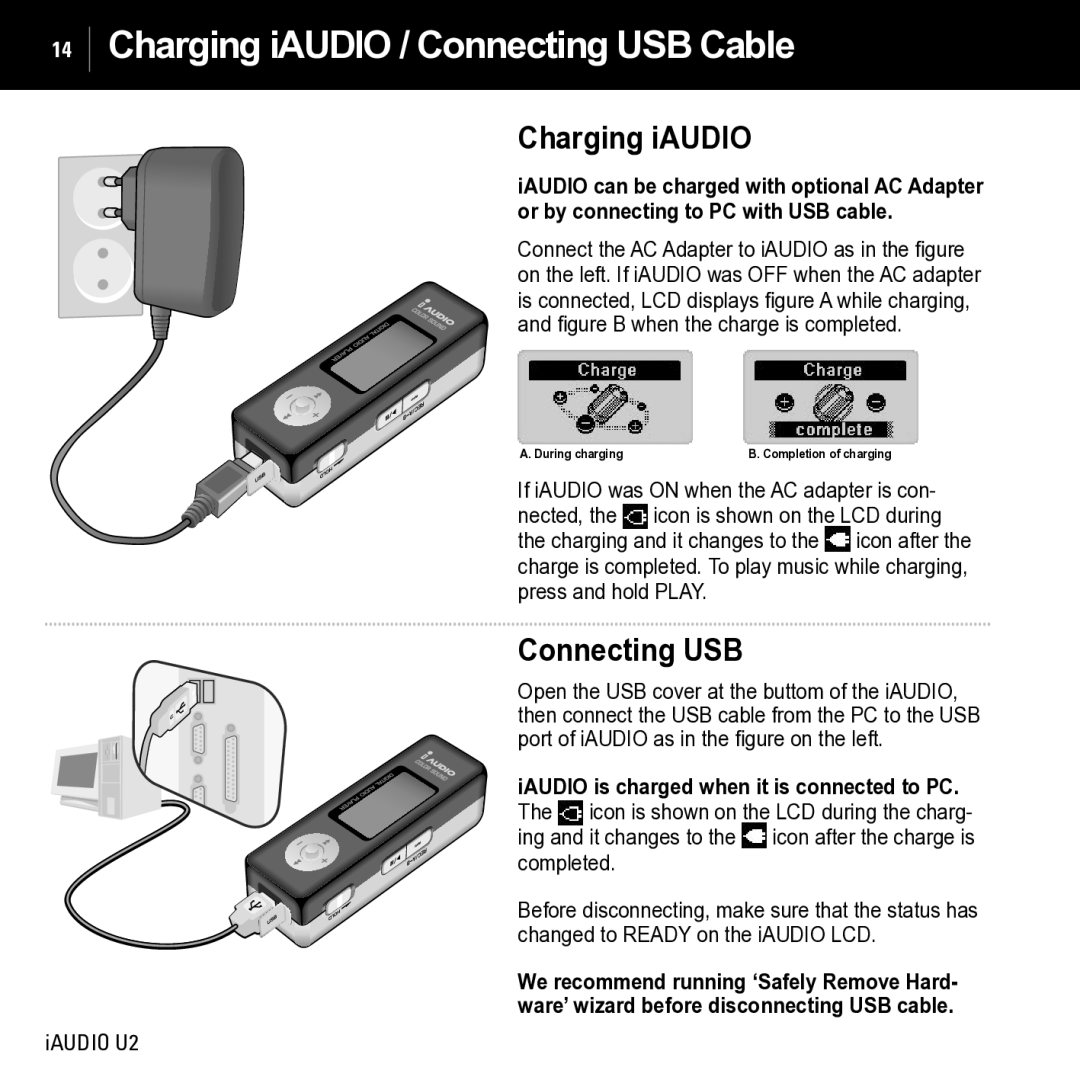 JetAudio iAUDIO U2 manual Charging iAUDIO / Connecting USB Cable, IAUDIO is charged when it is connected to PC 