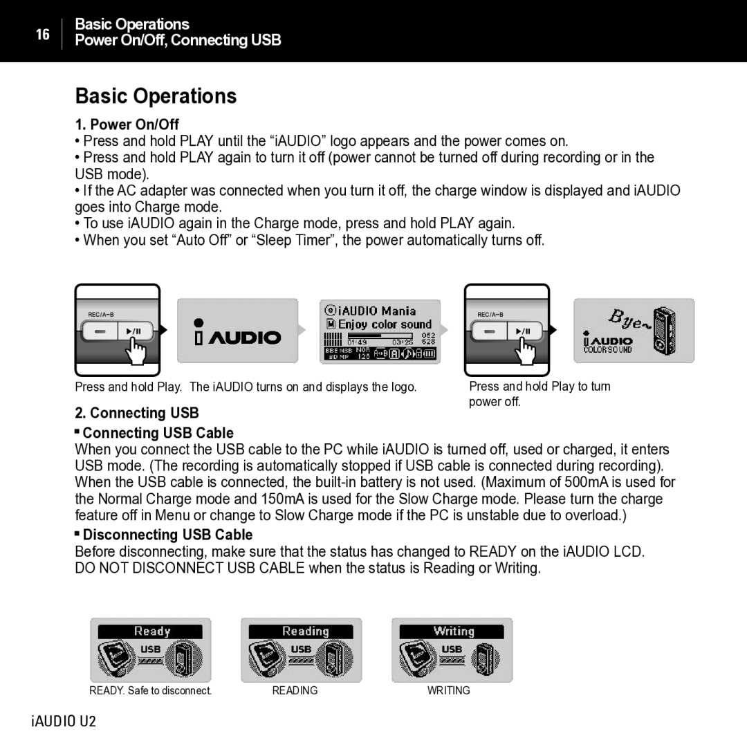 JetAudio iAUDIO U2 manual Basic Operations, Power On/Off, Connecting USB Connecting USB Cable, Disconnecting USB Cable 