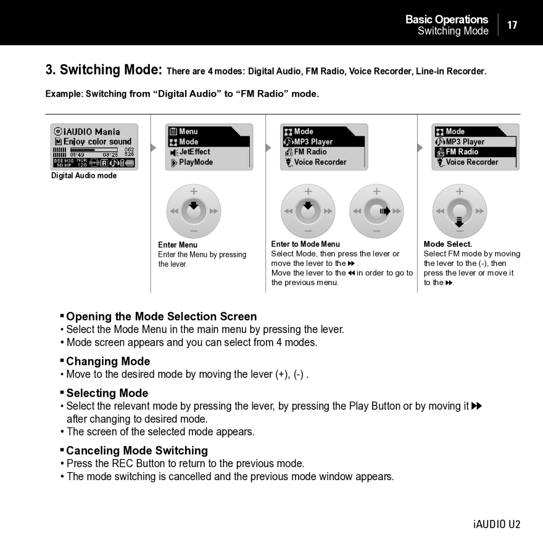 JetAudio iAUDIO U2 manual Opening the Mode Selection Screen, Changing Mode, Selecting Mode, Canceling Mode Switching 