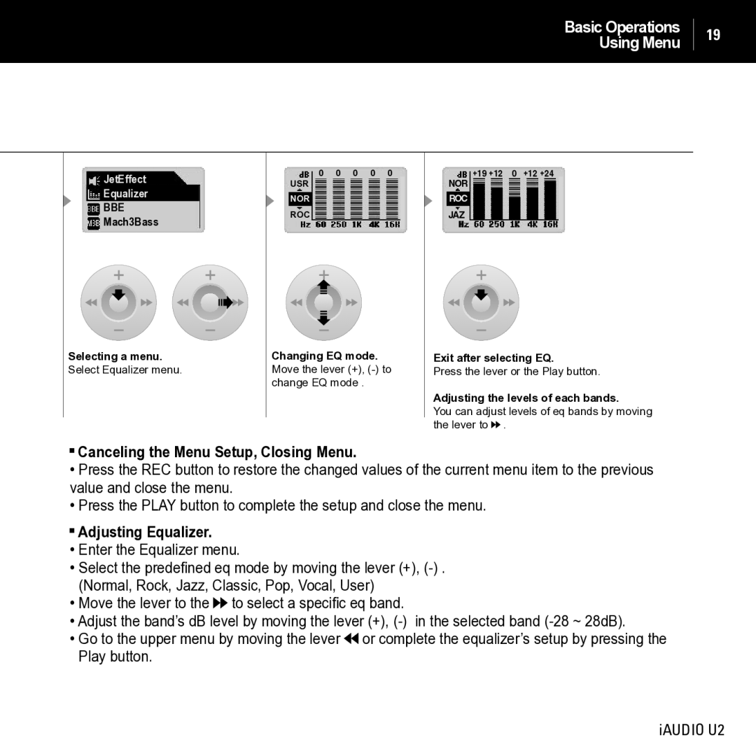 JetAudio iAUDIO U2 manual Canceling the Menu Setup, Closing Menu, Adjusting Equalizer 