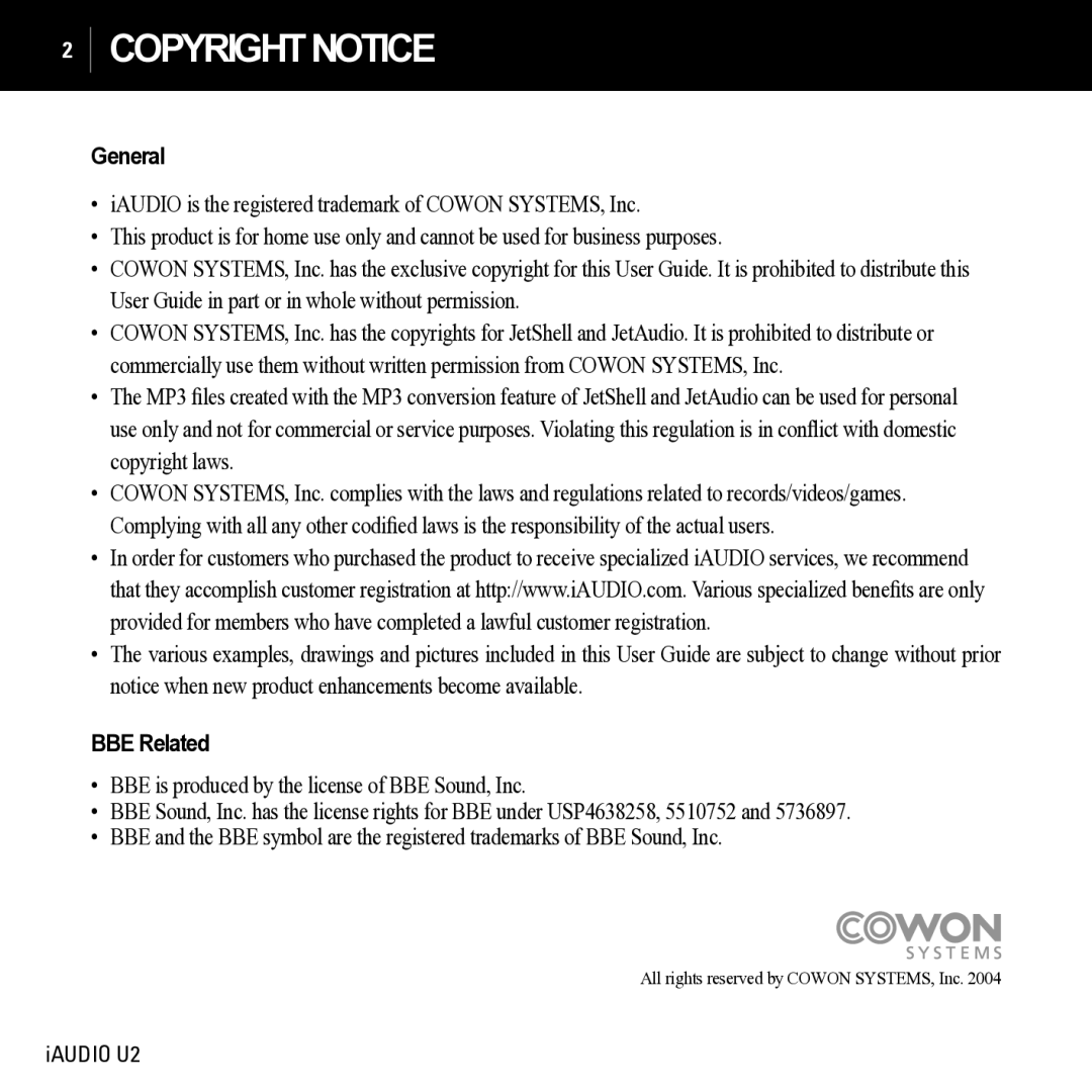 JetAudio iAUDIO U2 manual Copyrightnotice 