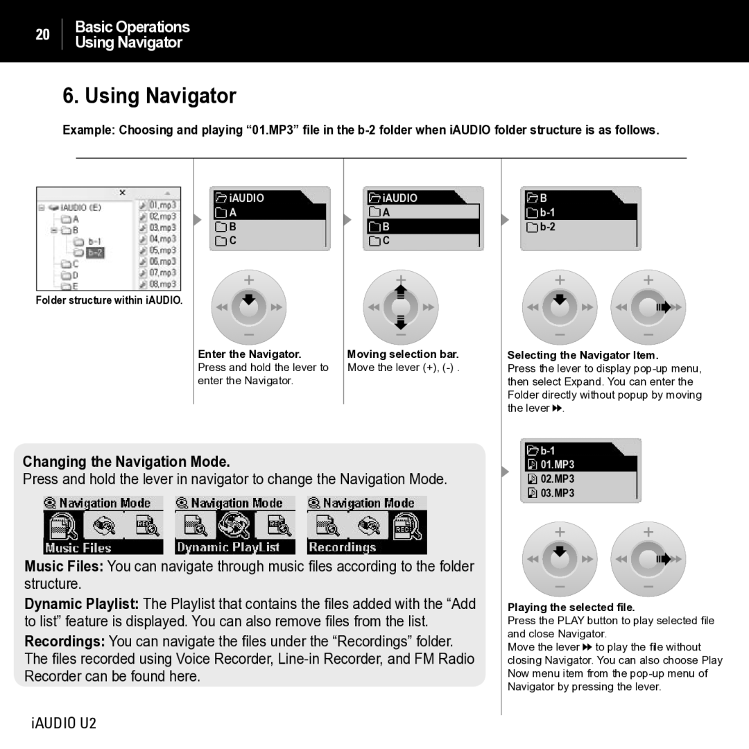 JetAudio iAUDIO U2 manual Using Navigator, Changing the Navigation Mode 