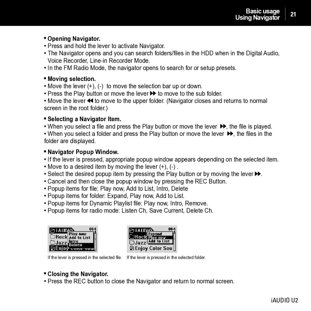 JetAudio iAUDIO U2 manual Opening Navigator, Moving selection, Selecting a Navigator Item, Navigator Popup Window 