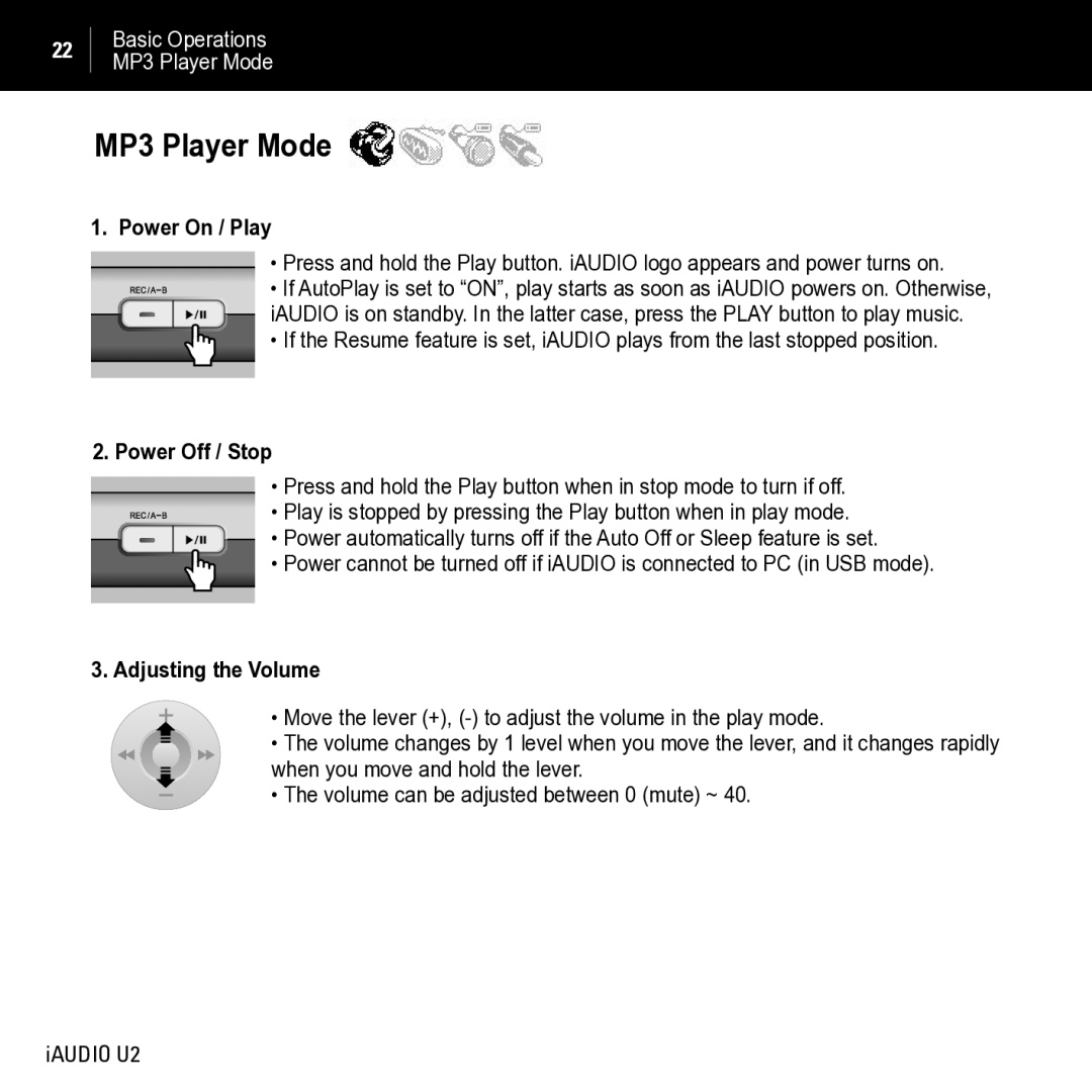 JetAudio iAUDIO U2 manual MP3 Player Mode, Power On / Play, Power Off / Stop, Adjusting the Volume 