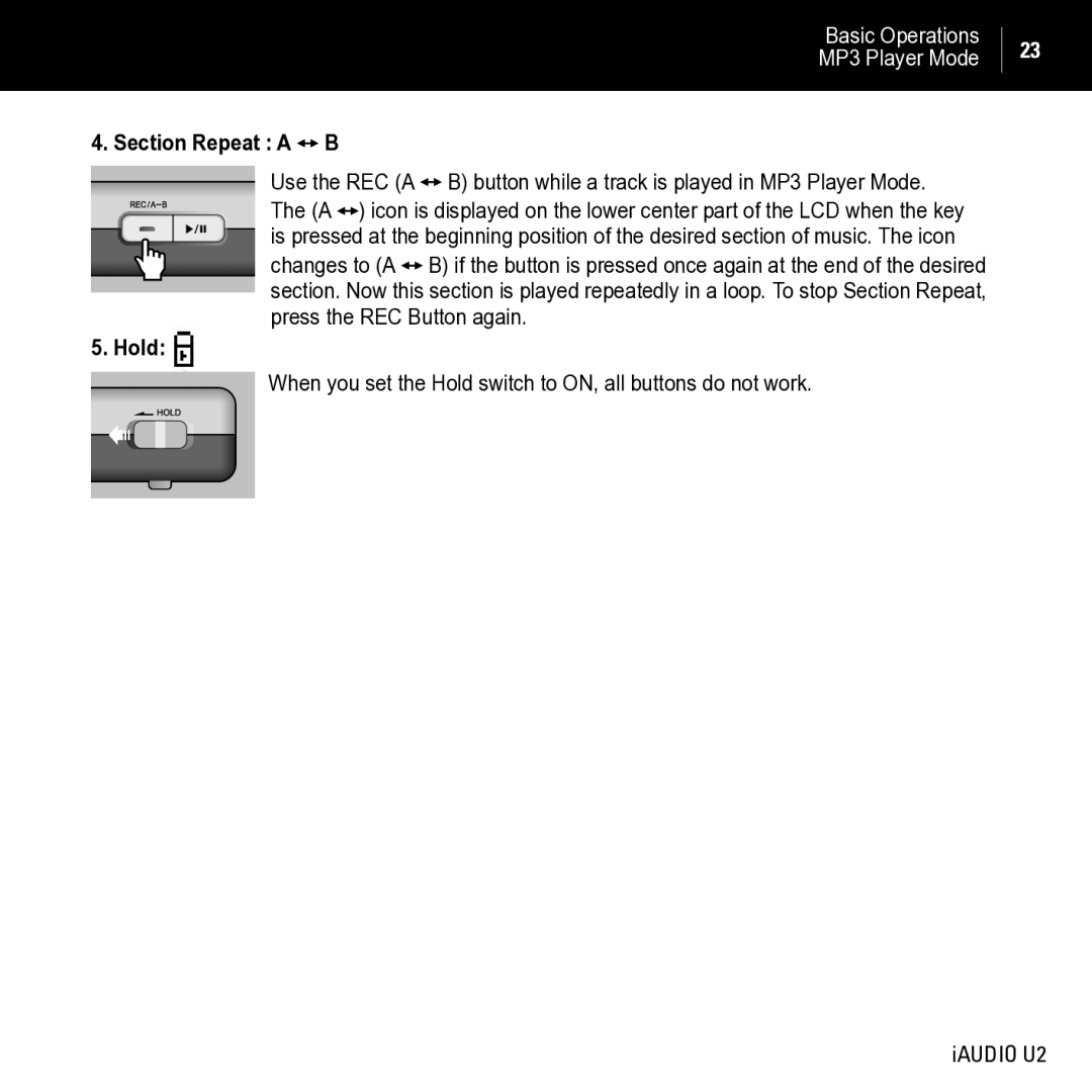 JetAudio iAUDIO U2 manual Section Repeat a B, Hold 