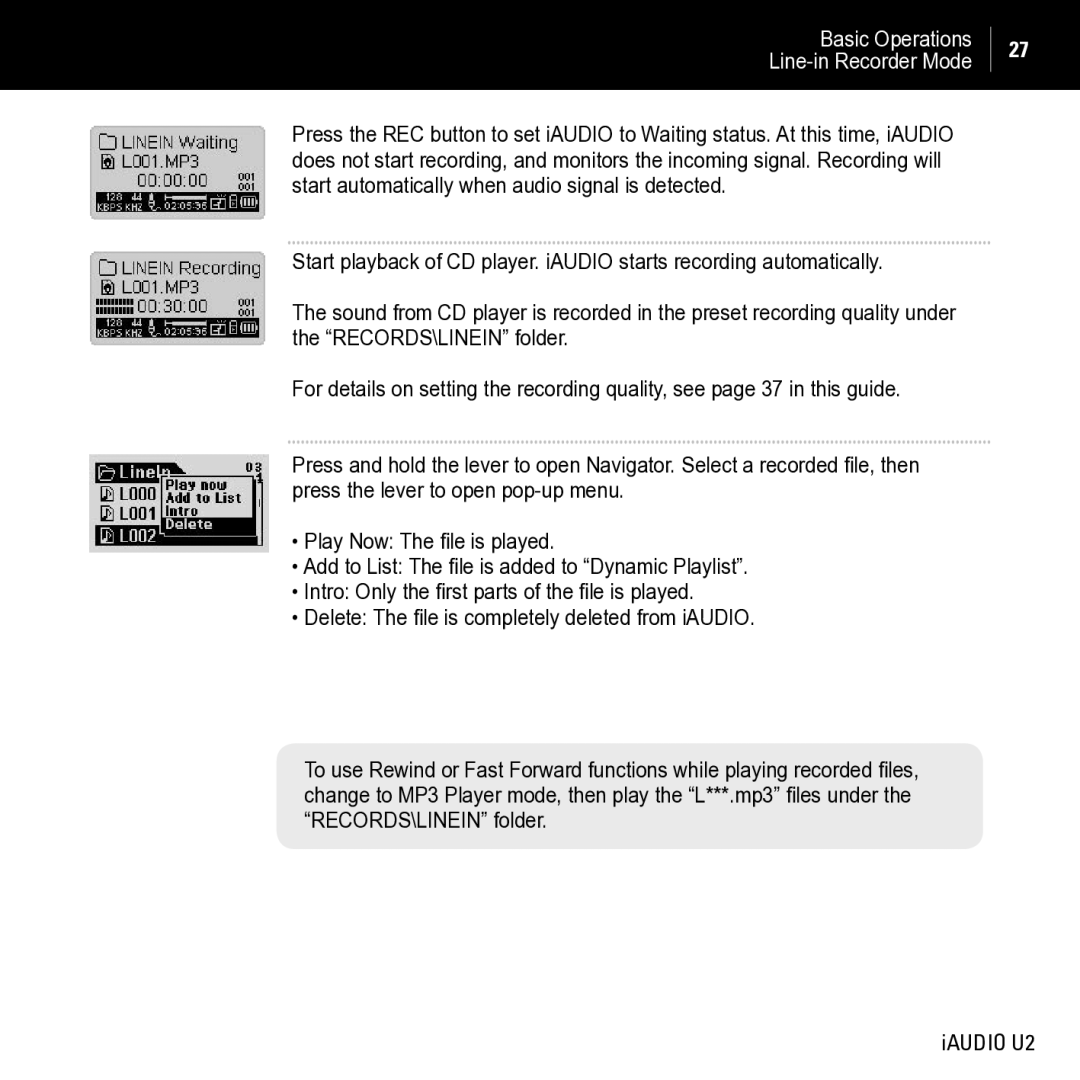 JetAudio iAUDIO U2 manual Basic Operations Line-in Recorder Mode 