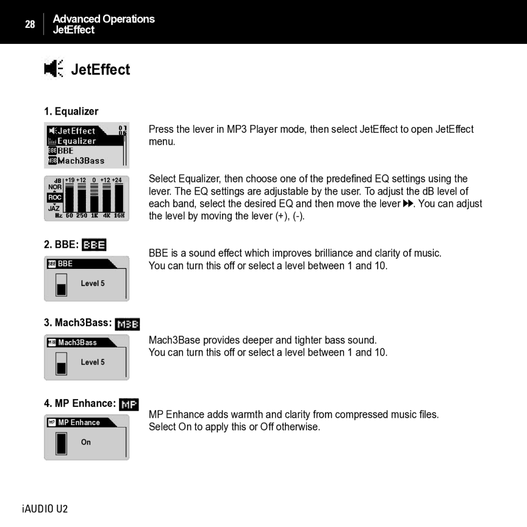 JetAudio iAUDIO U2 manual JetEffect, Equalizer, Bbe, Mach3Bass, MP Enhance 