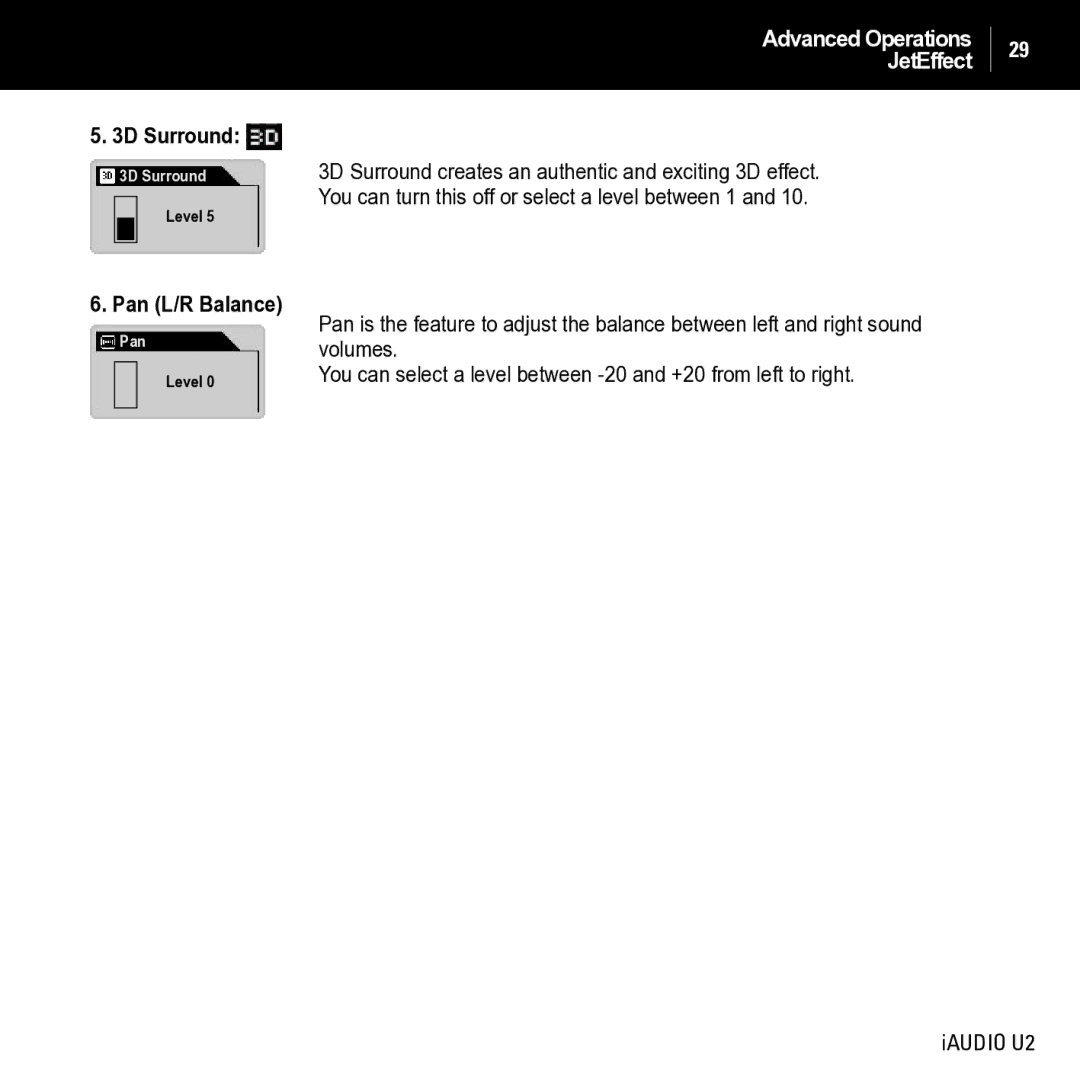 JetAudio iAUDIO U2 manual 3D Surround, Pan L/R Balance 