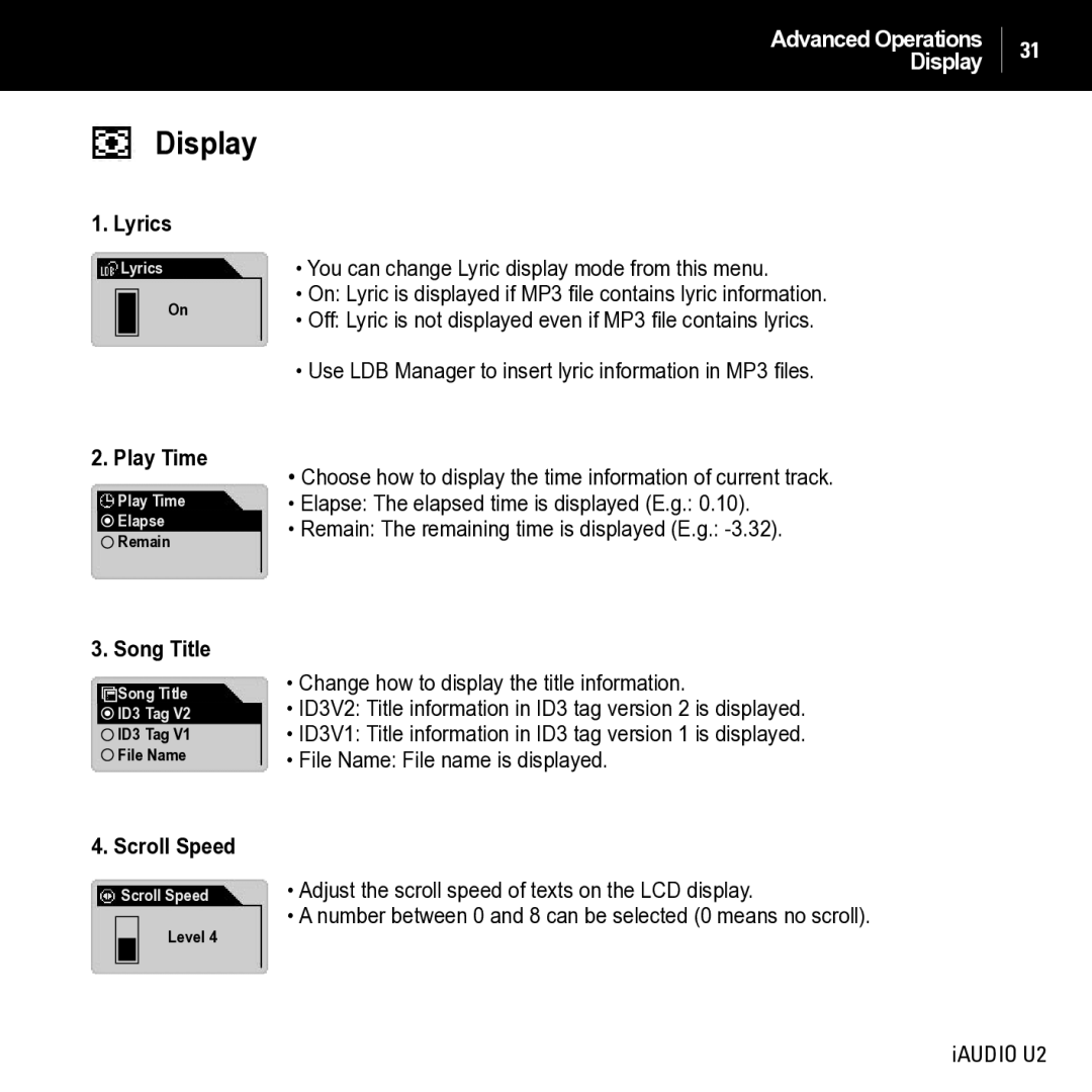 JetAudio iAUDIO U2 manual Display, Lyrics, Play Time, Song Title, Scroll Speed 