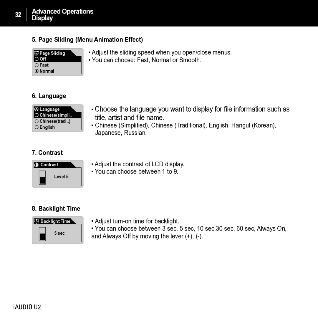 JetAudio iAUDIO U2 manual Sliding Menu Animation Effect, Language, Contrast, Backlight Time 