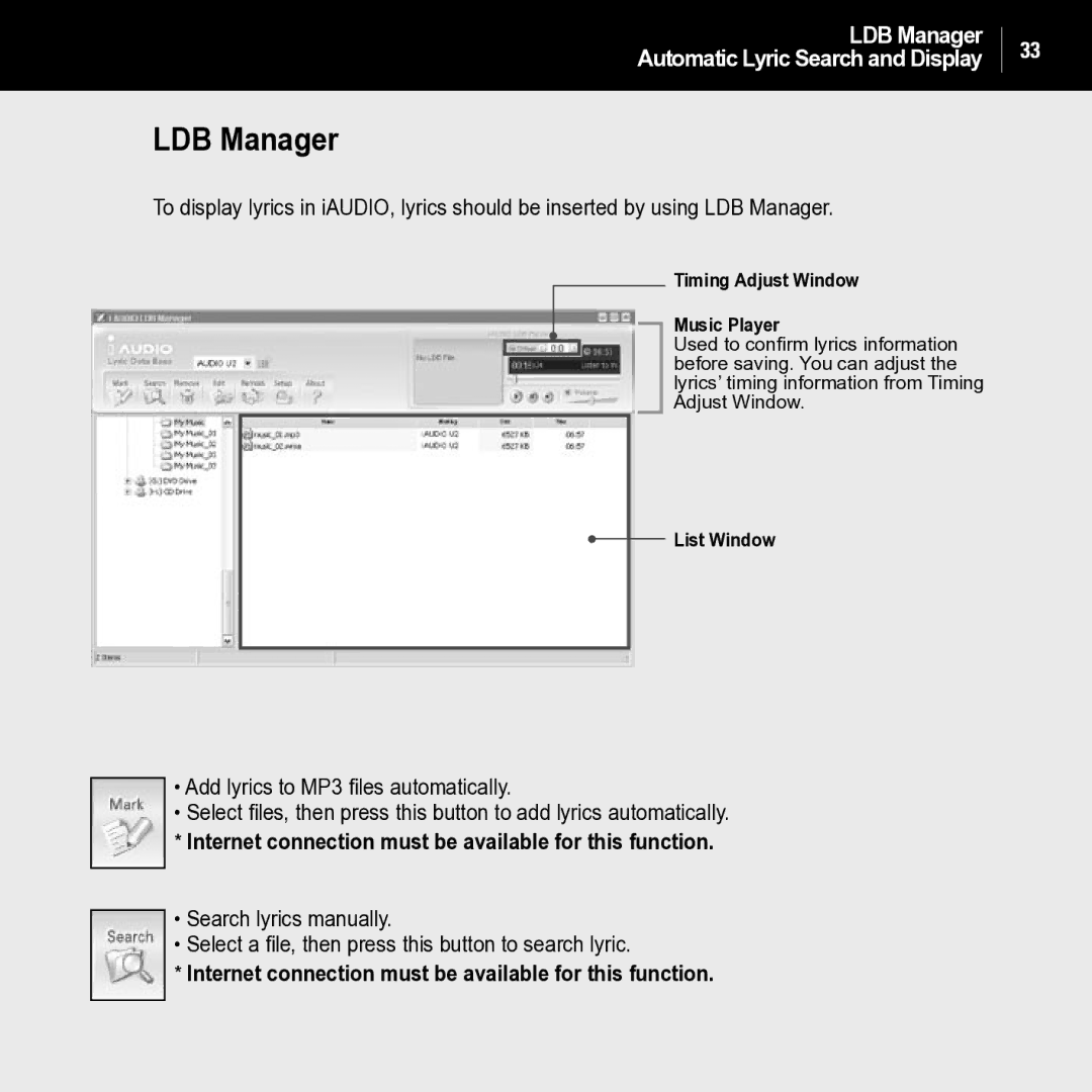 JetAudio iAUDIO U2 manual LDB Manager, Internet connection must be available for this function 