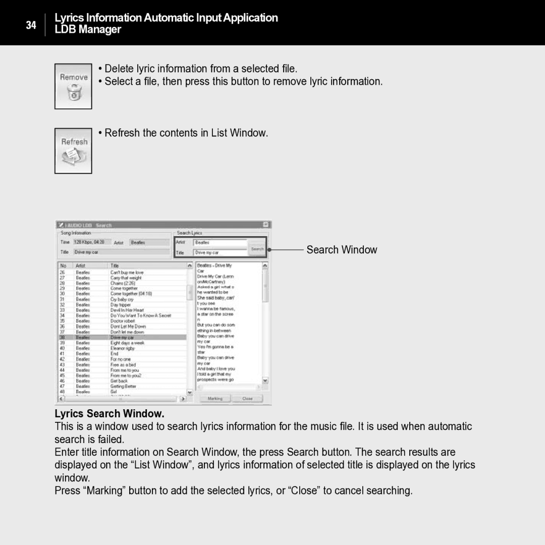 JetAudio iAUDIO U2 manual Lyrics Information Automatic Input Application LDB Manager, Lyrics Search Window 