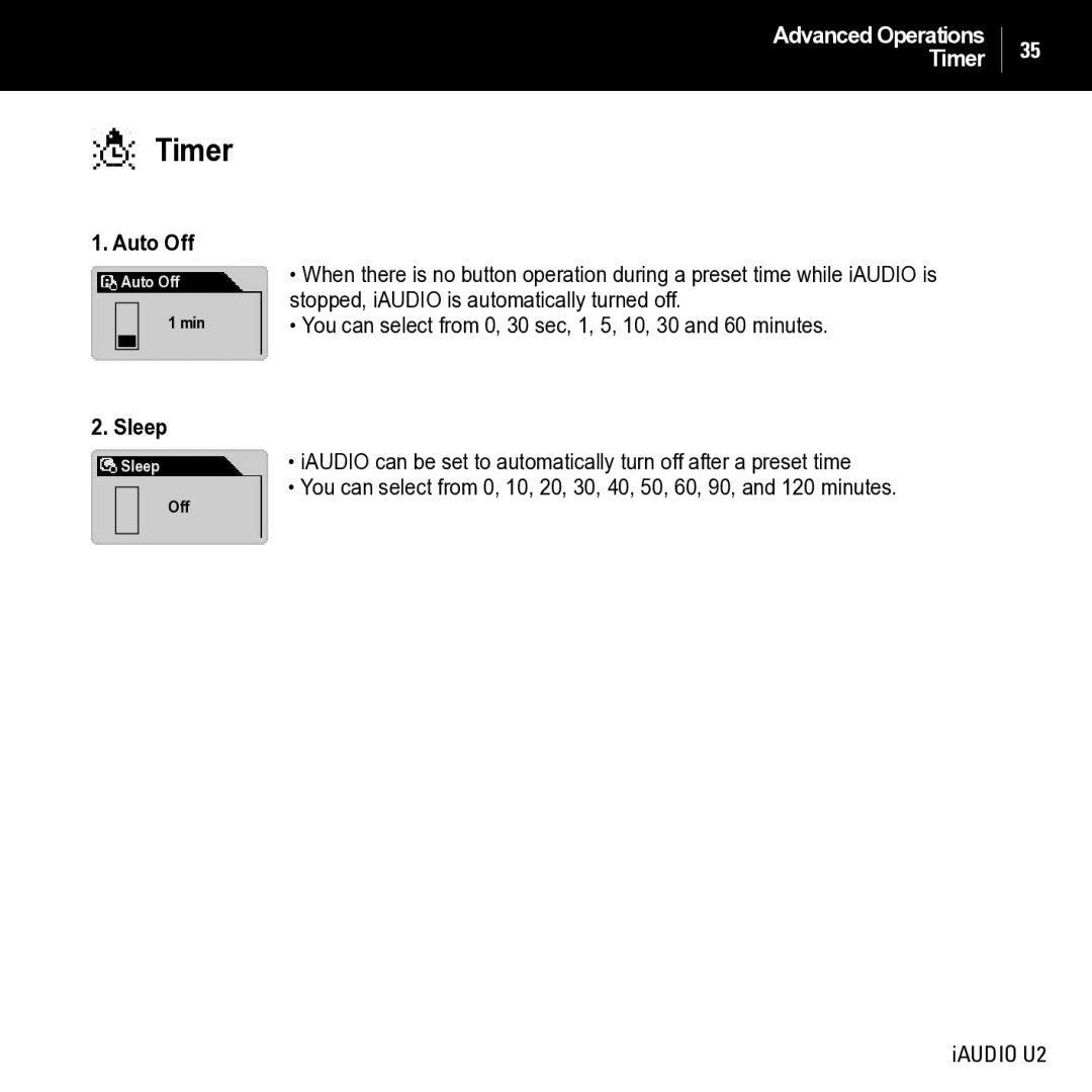 JetAudio iAUDIO U2 manual Timer, Auto Off, Sleep 