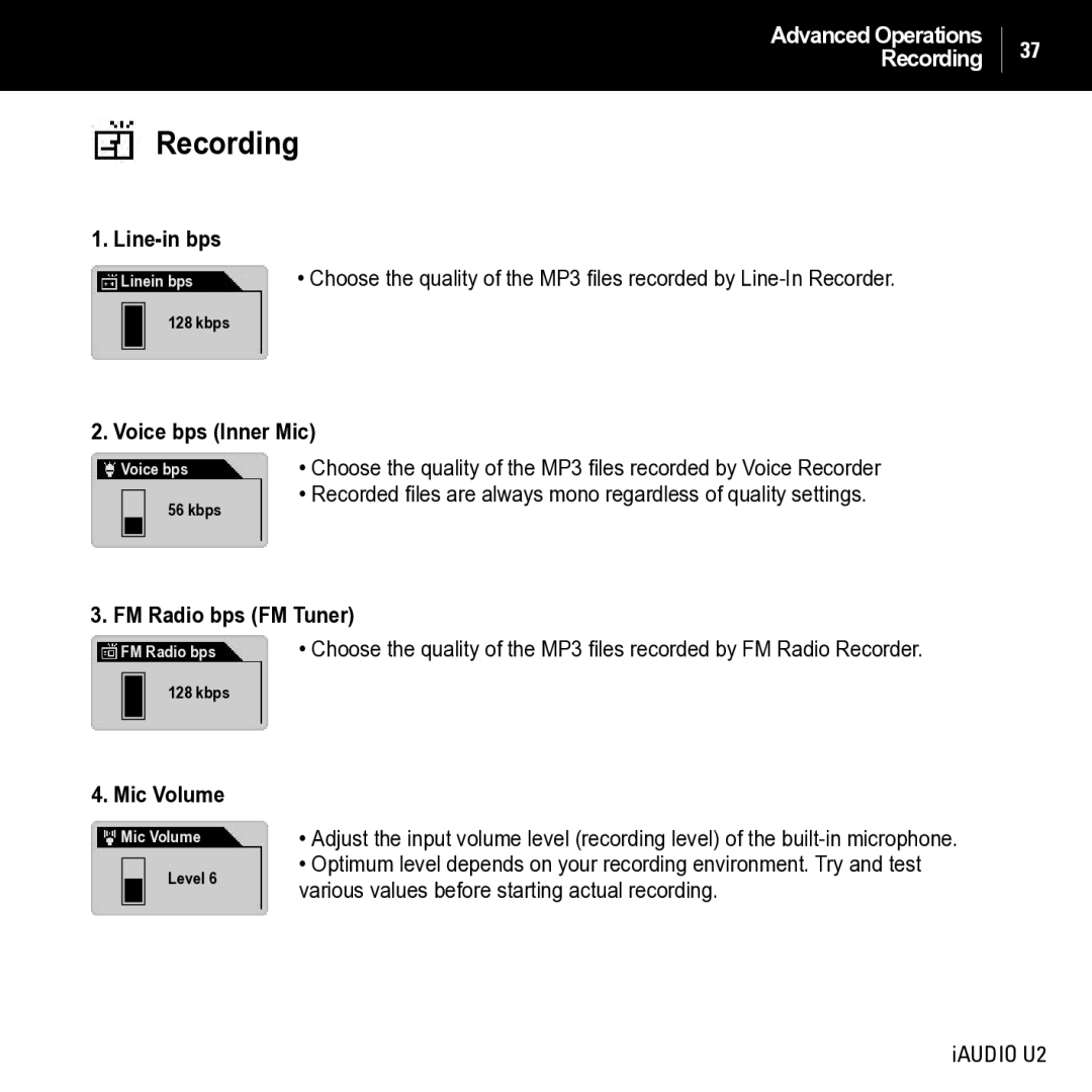 JetAudio iAUDIO U2 manual Recording, Voice bps Inner Mic, FM Radio bps FM Tuner, Mic Volume 