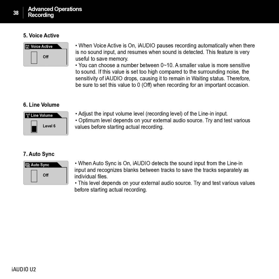 JetAudio iAUDIO U2 manual Voice Active, Line Volume, Auto Sync 